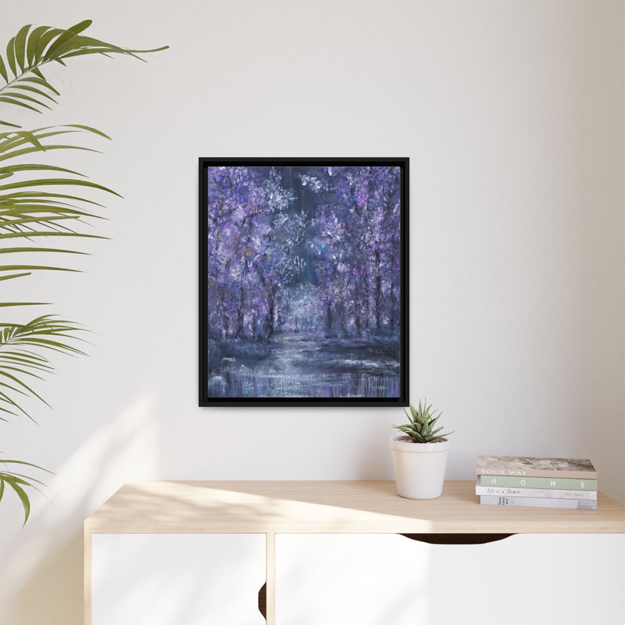 Framed Matte Canvas Art – Lavender Forest Moonlit Landscape