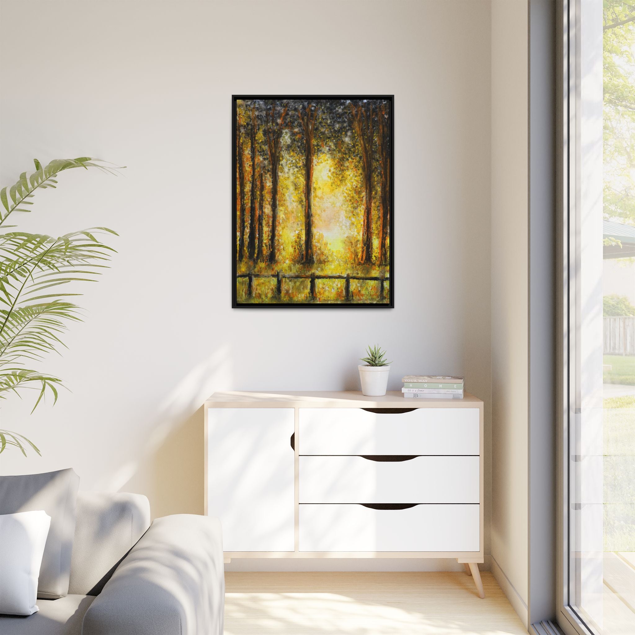 Framed Matte Canvas Art – Golden Forest Sunrise Landscape