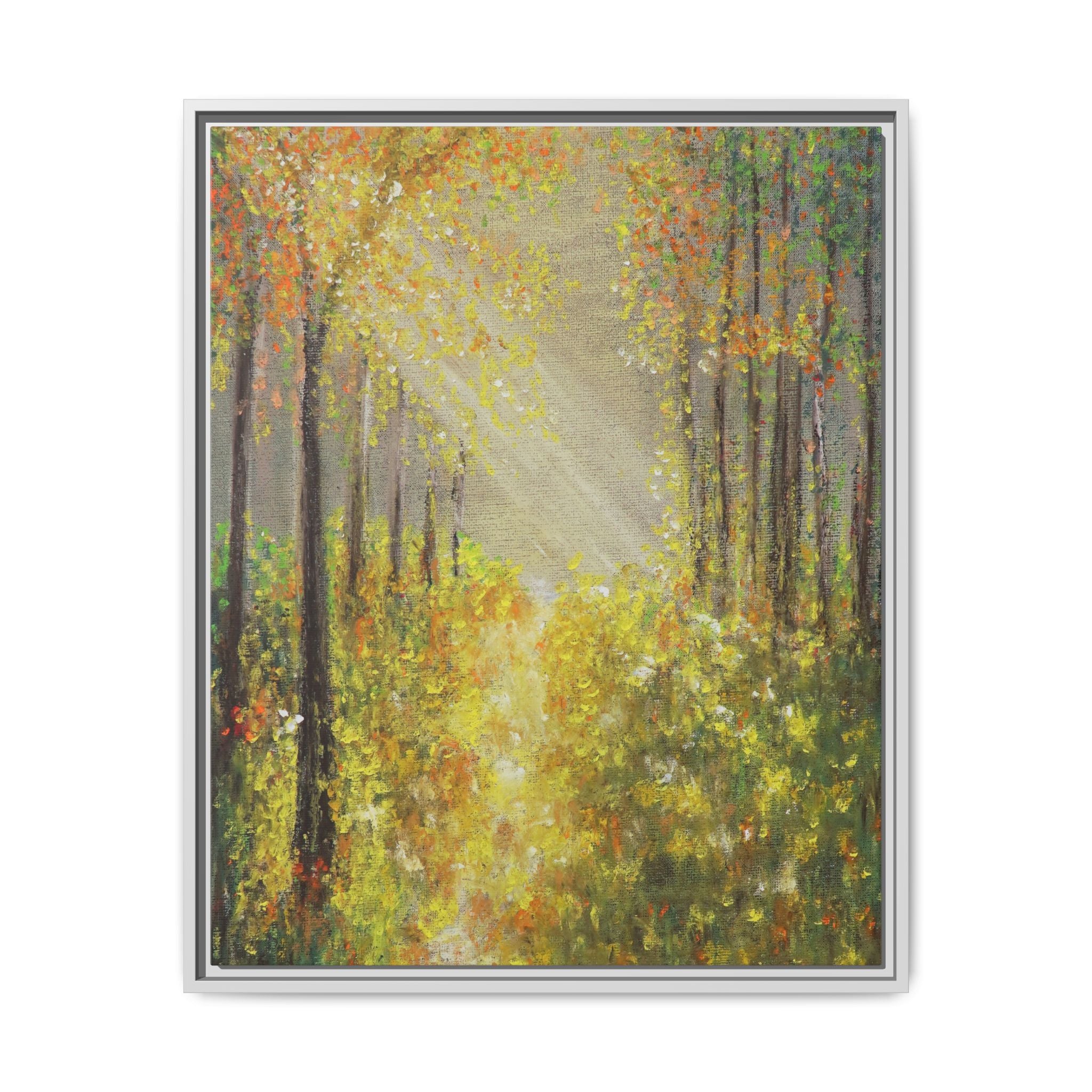 Sunlit Forest Path Framed Canvas Art — Autumn Woodland Wall Decor
