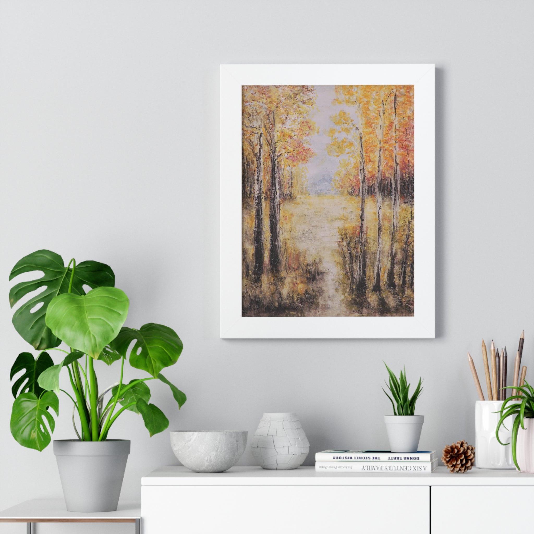 Autumn Grove Framed Poster — Vertical Fall Forest Wall Art