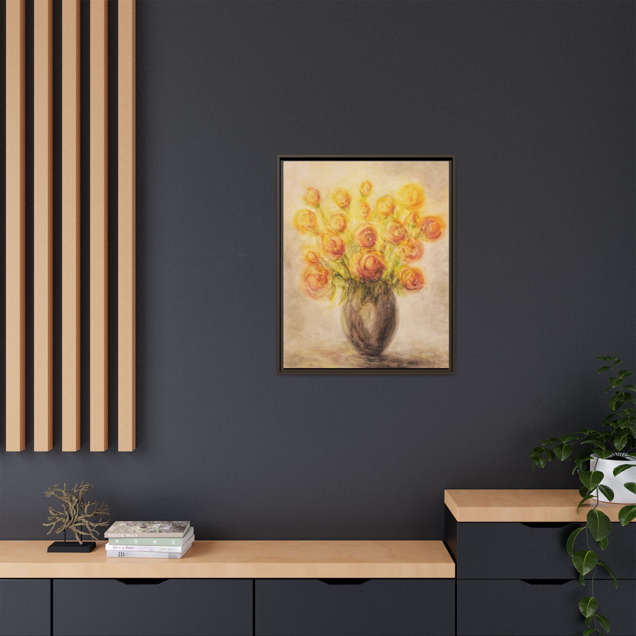 Framed Matte Canvas Floral Bouquet Wall Art — Yellow Rose Vase Print