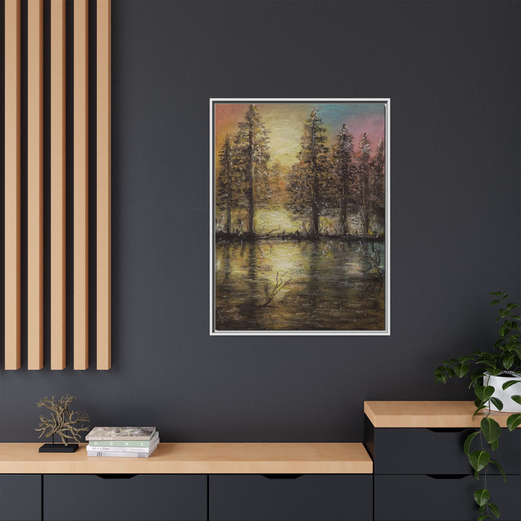 Framed Matte Canvas Wall Art — Sunset Forest Reflection