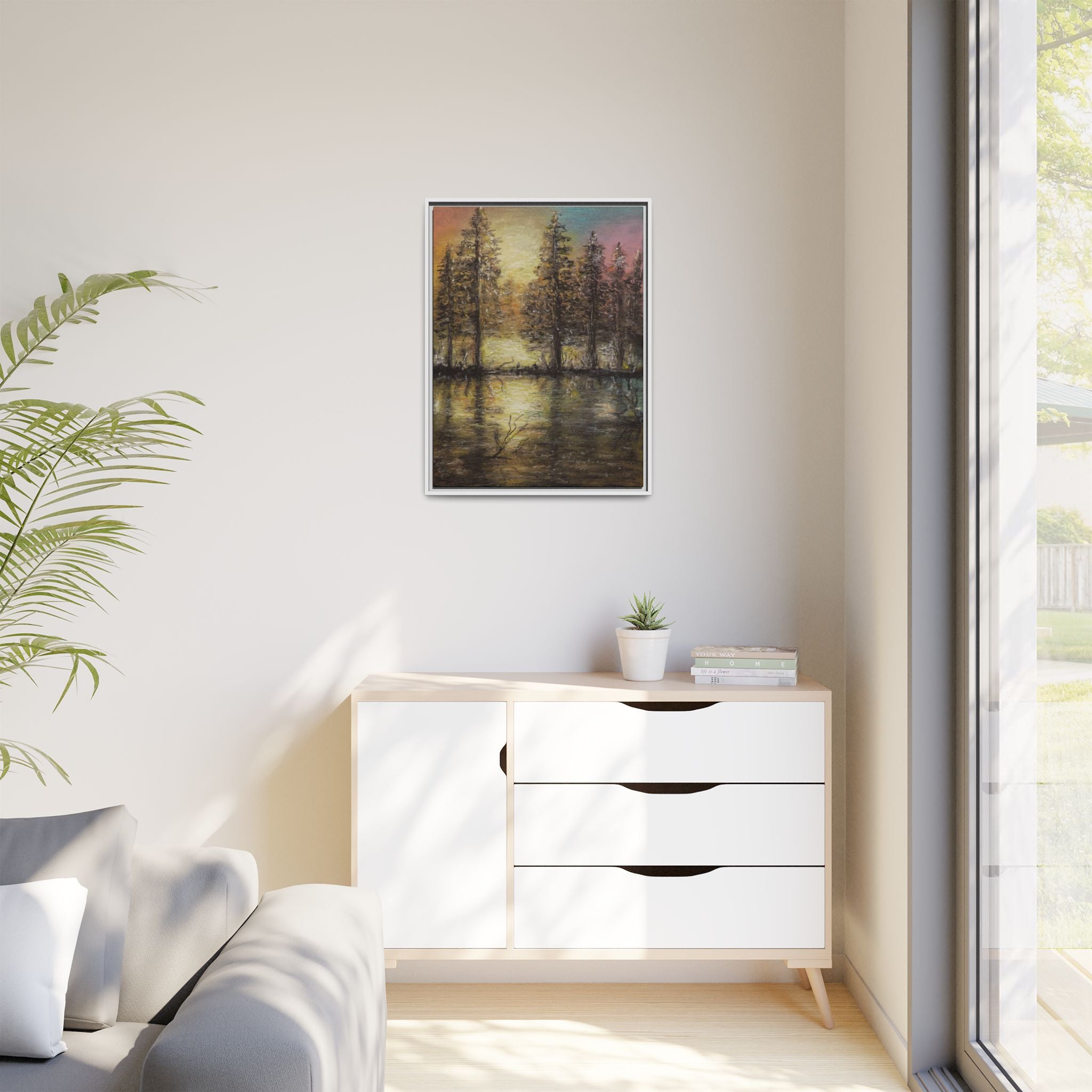 Framed Matte Canvas Wall Art — Sunset Forest Reflection