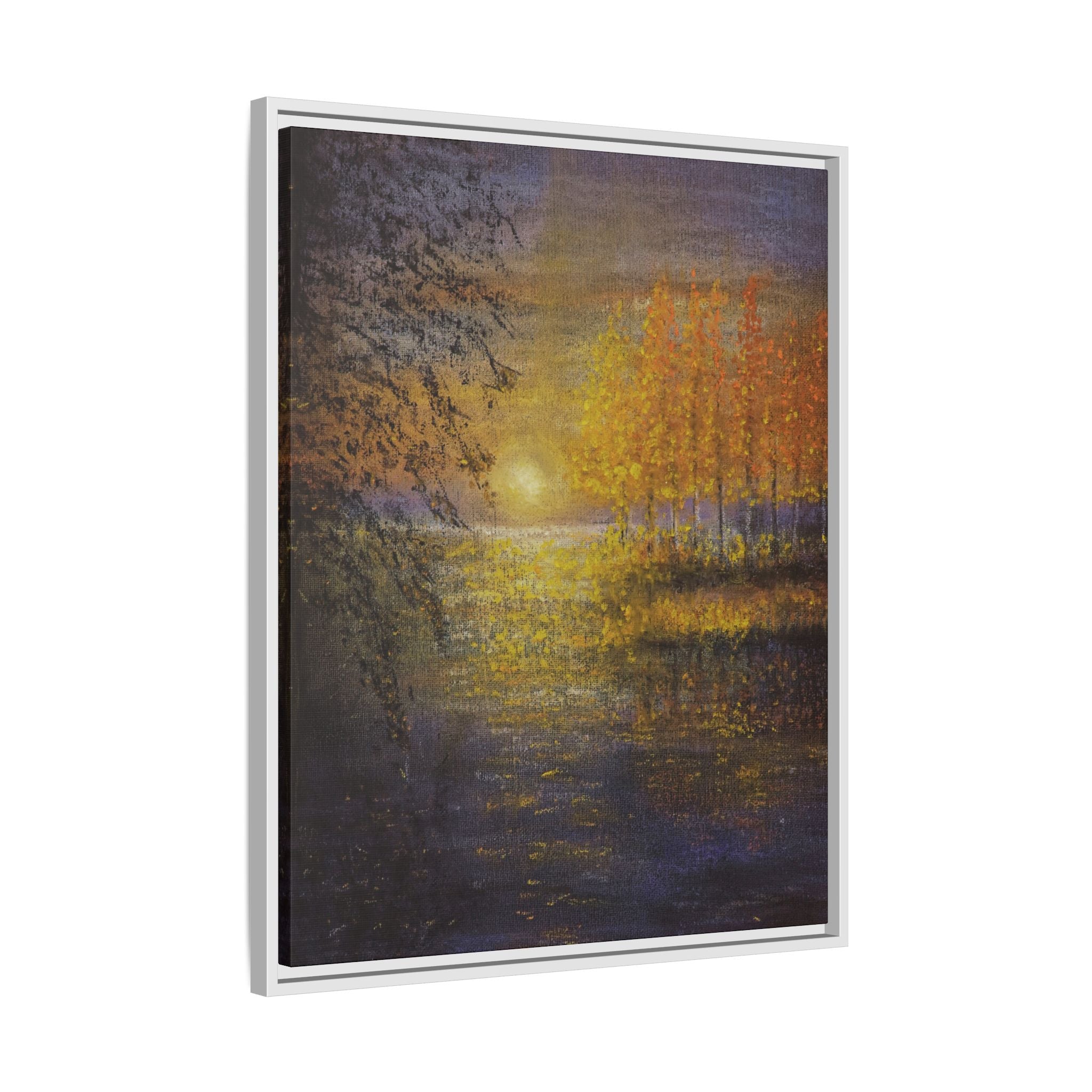 Framed Matte Canvas Painting - Golden Trees Over Tranquil Lake