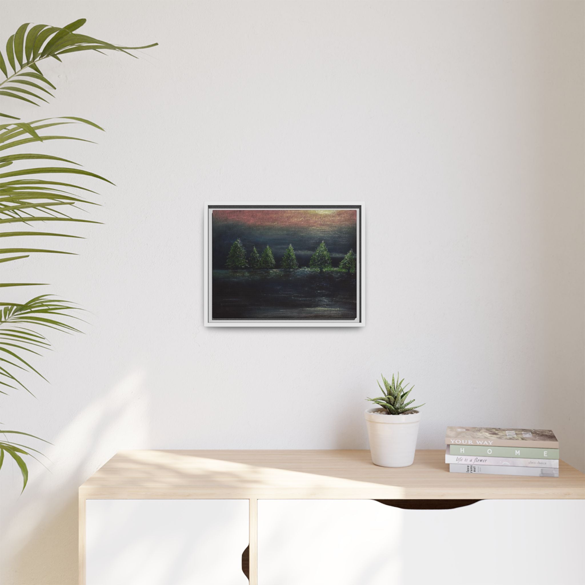 Framed Matte Canvas Wall Art — Moonlit Pine Trees Landscape