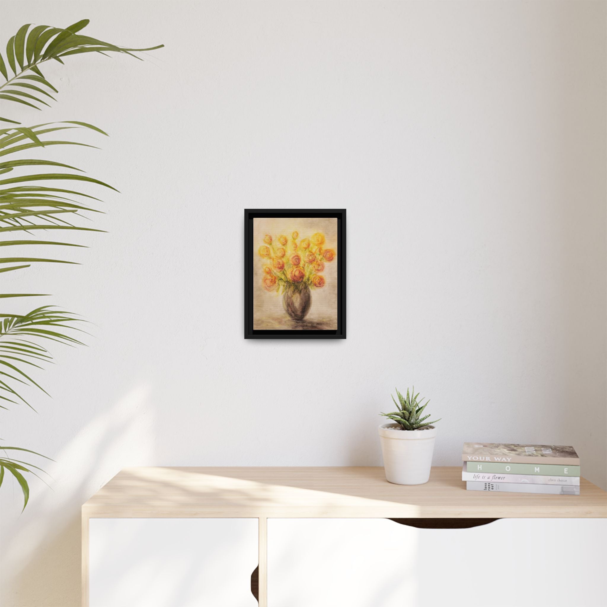 Framed Matte Canvas Floral Bouquet Wall Art — Yellow Rose Vase Print