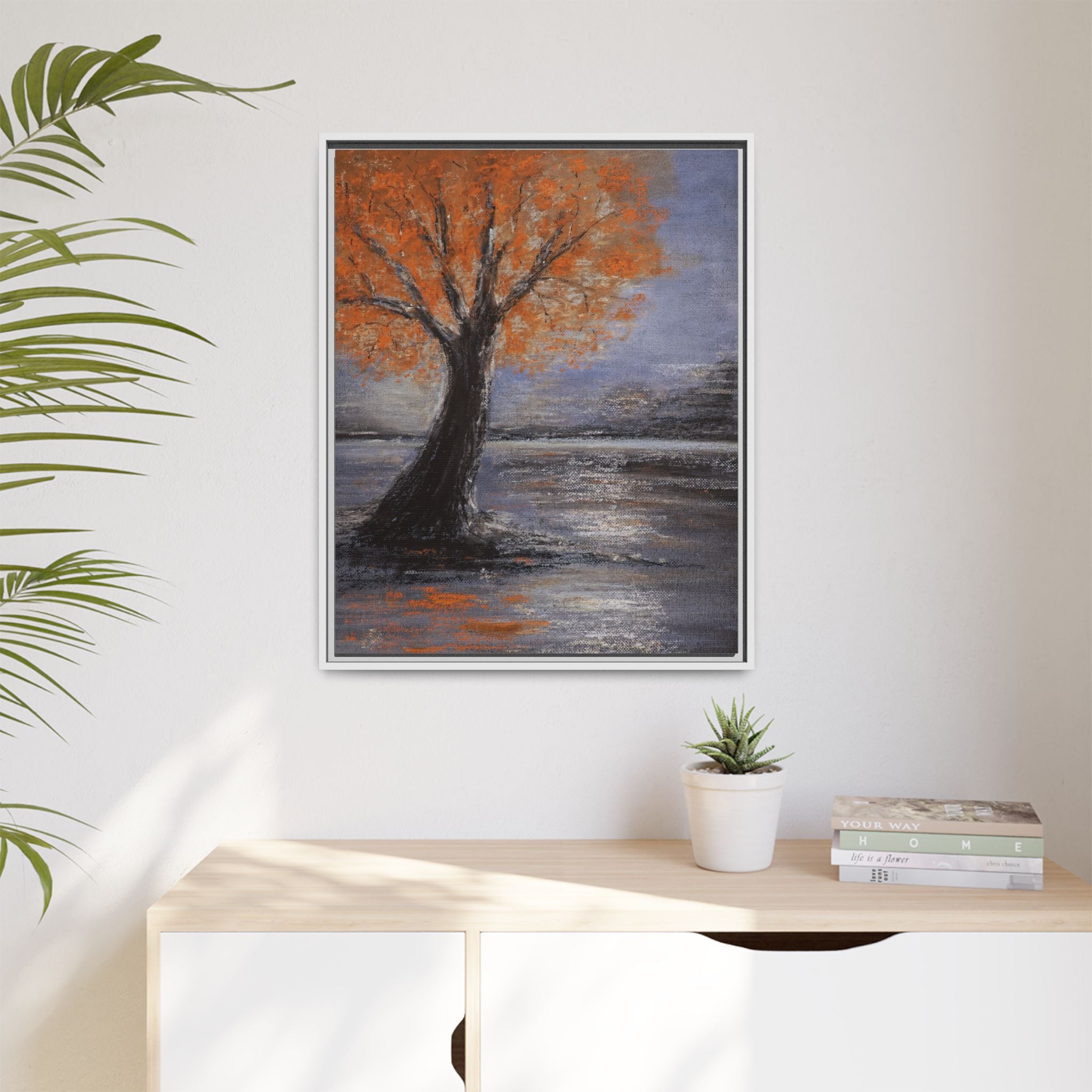 Framed Autumn Tree Canvas Print — Orange Tree Landscape Wall Art