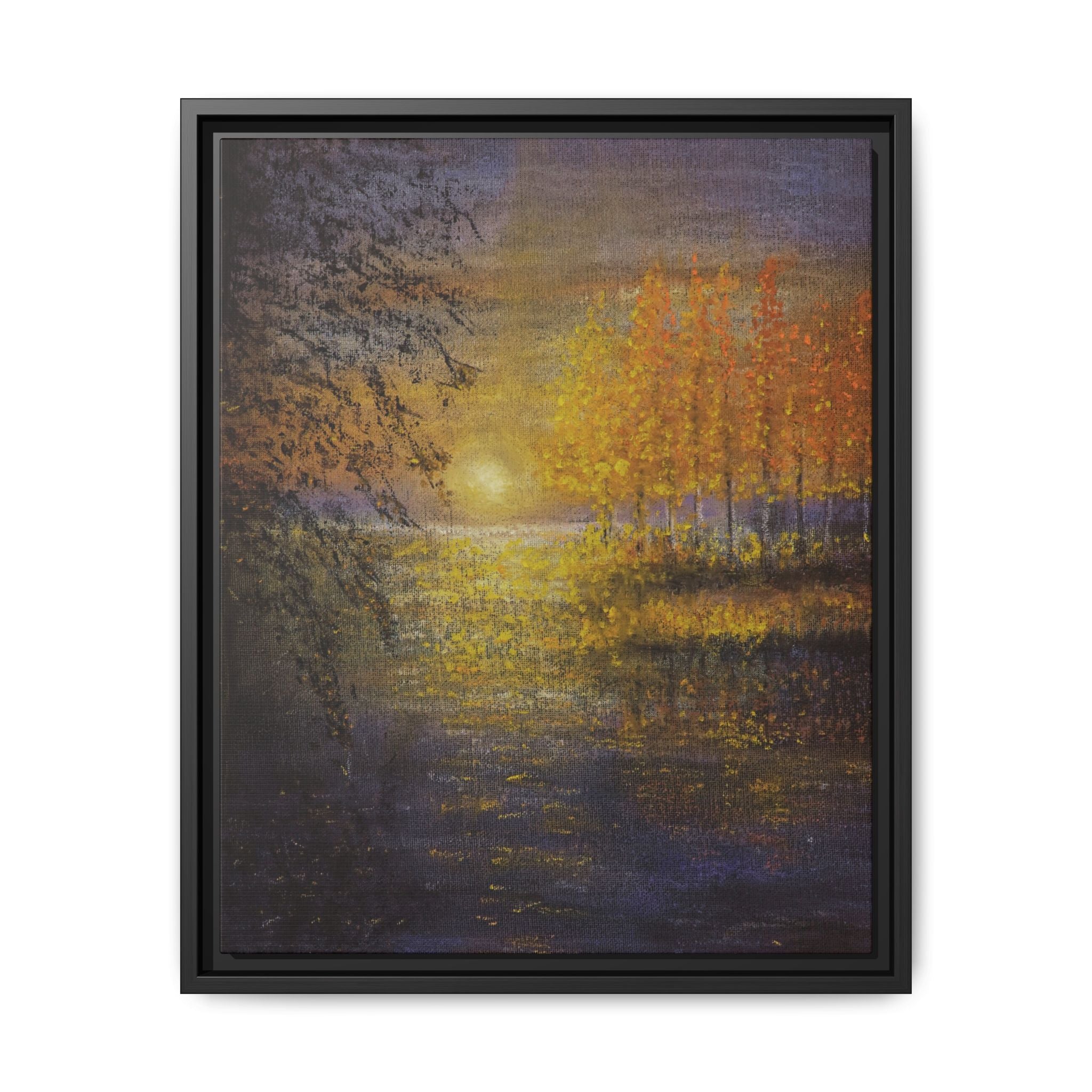 Framed Matte Canvas Painting - Golden Trees Over Tranquil Lake