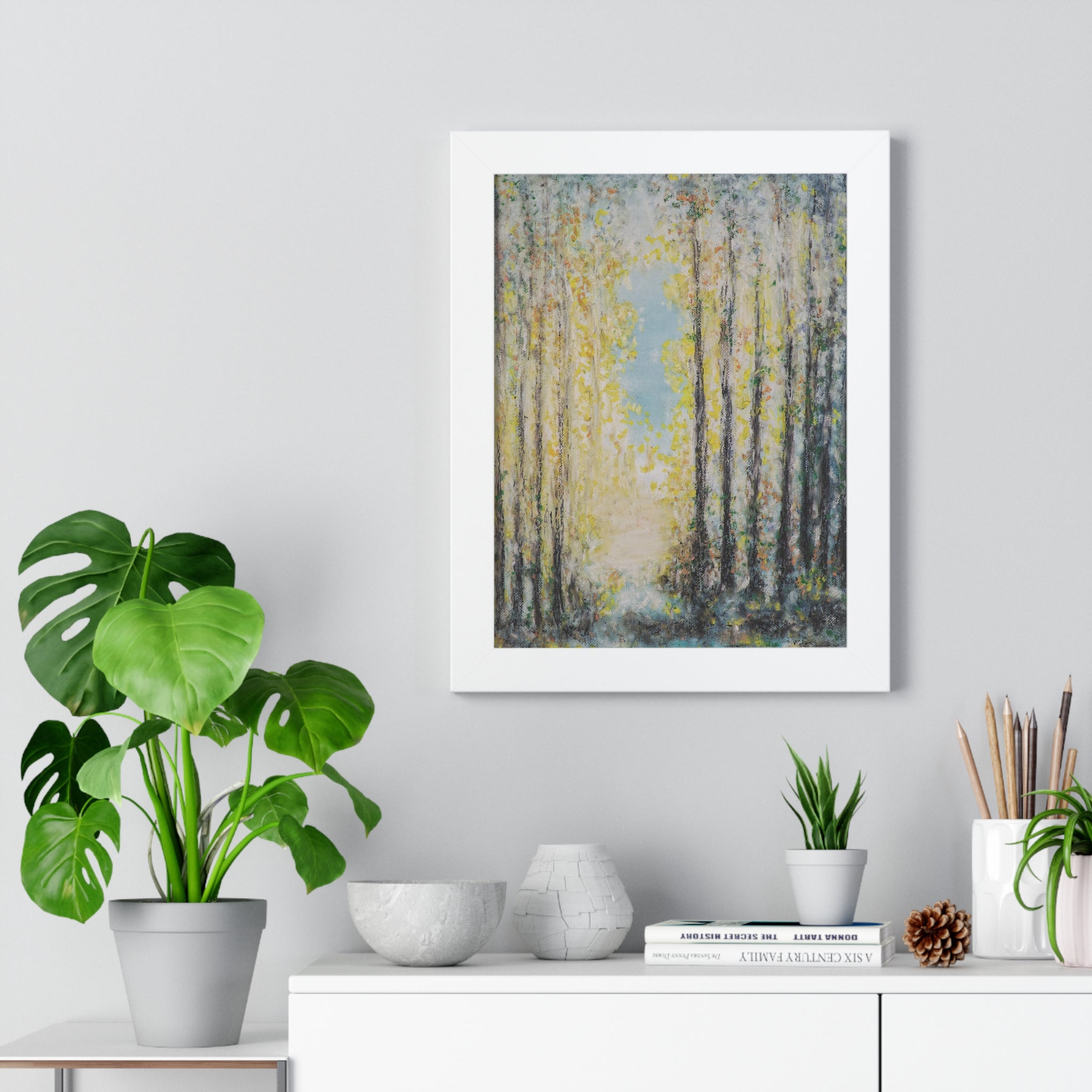 Framed Poster — Serene Sunlit Forest Vertical Art Print