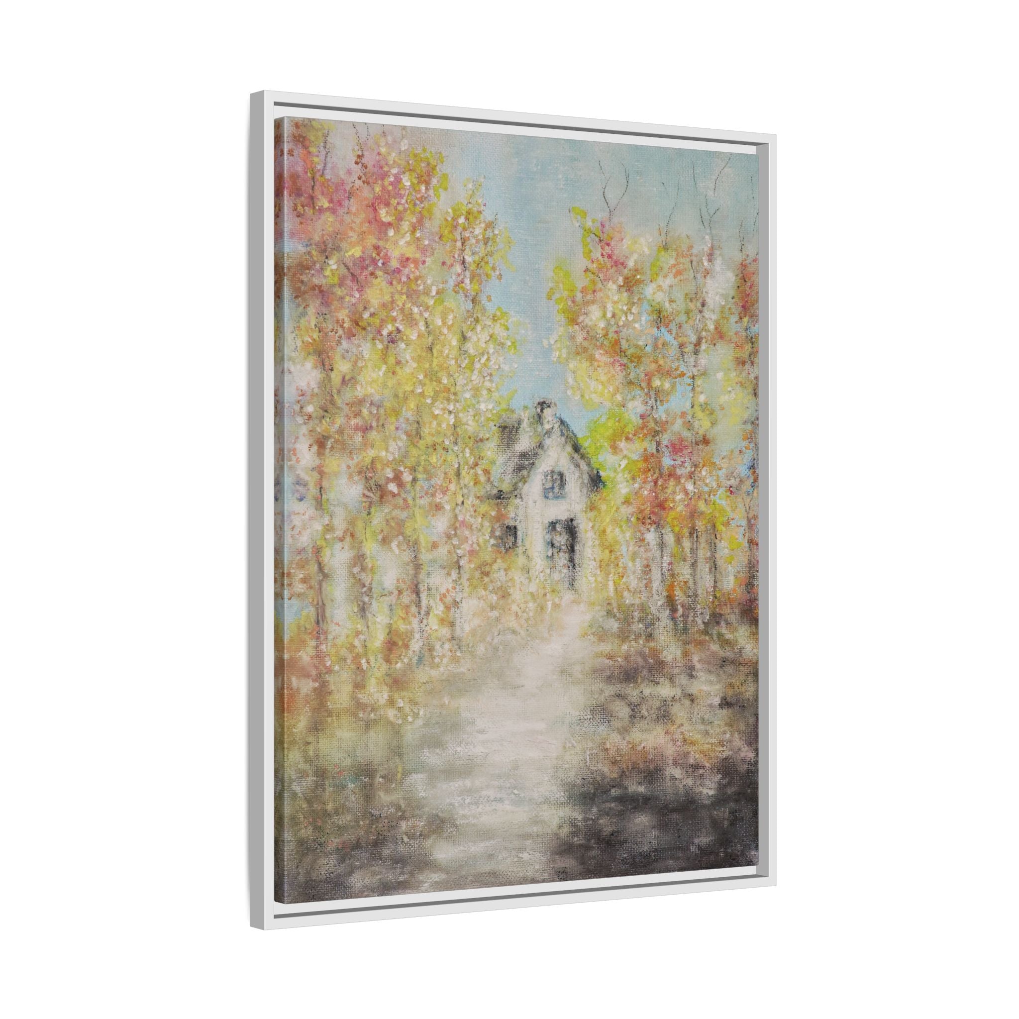 Framed Autumn Cottage Canvas Print — Rustic Fall Landscape Wall Art
