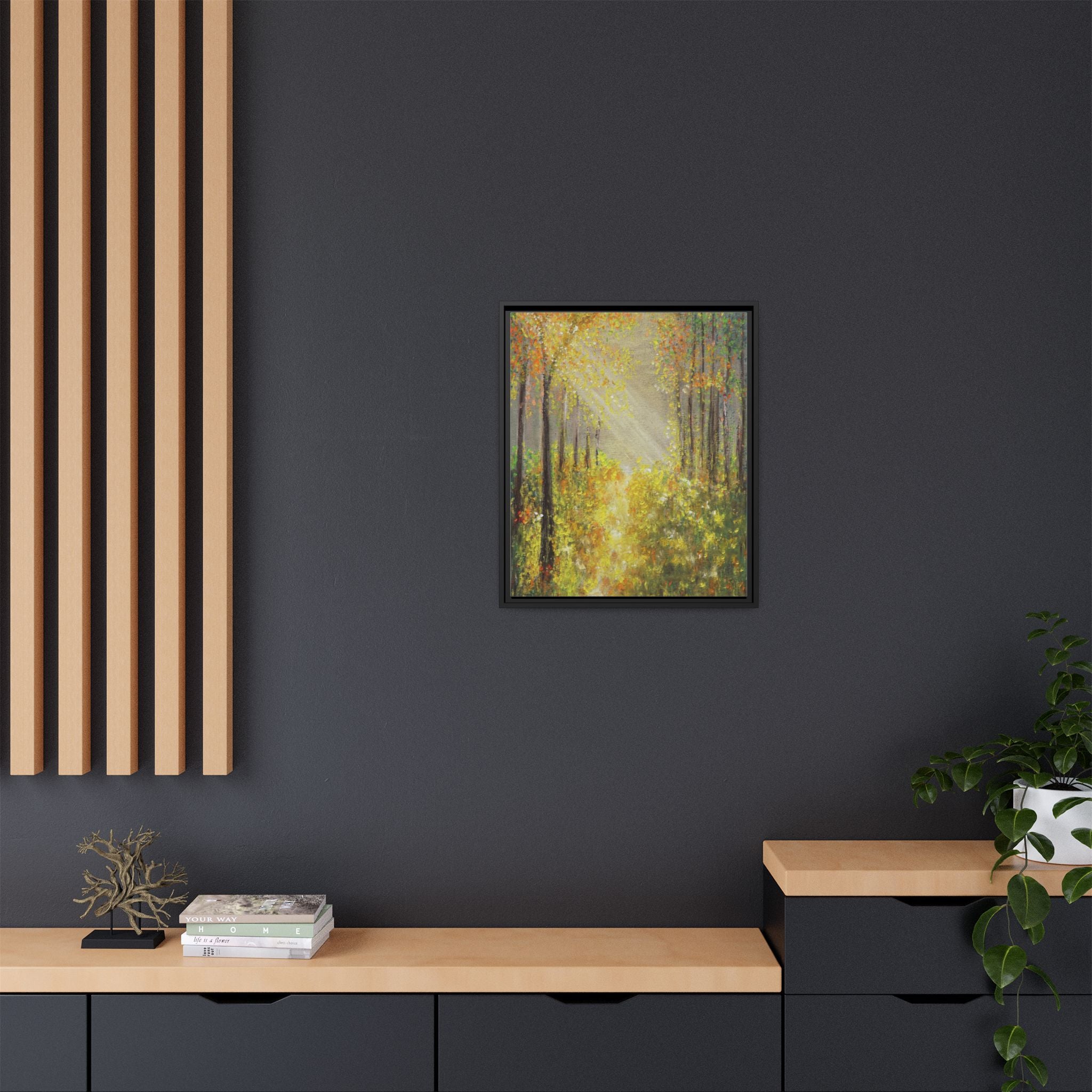Sunlit Forest Path Framed Canvas Art — Autumn Woodland Wall Decor