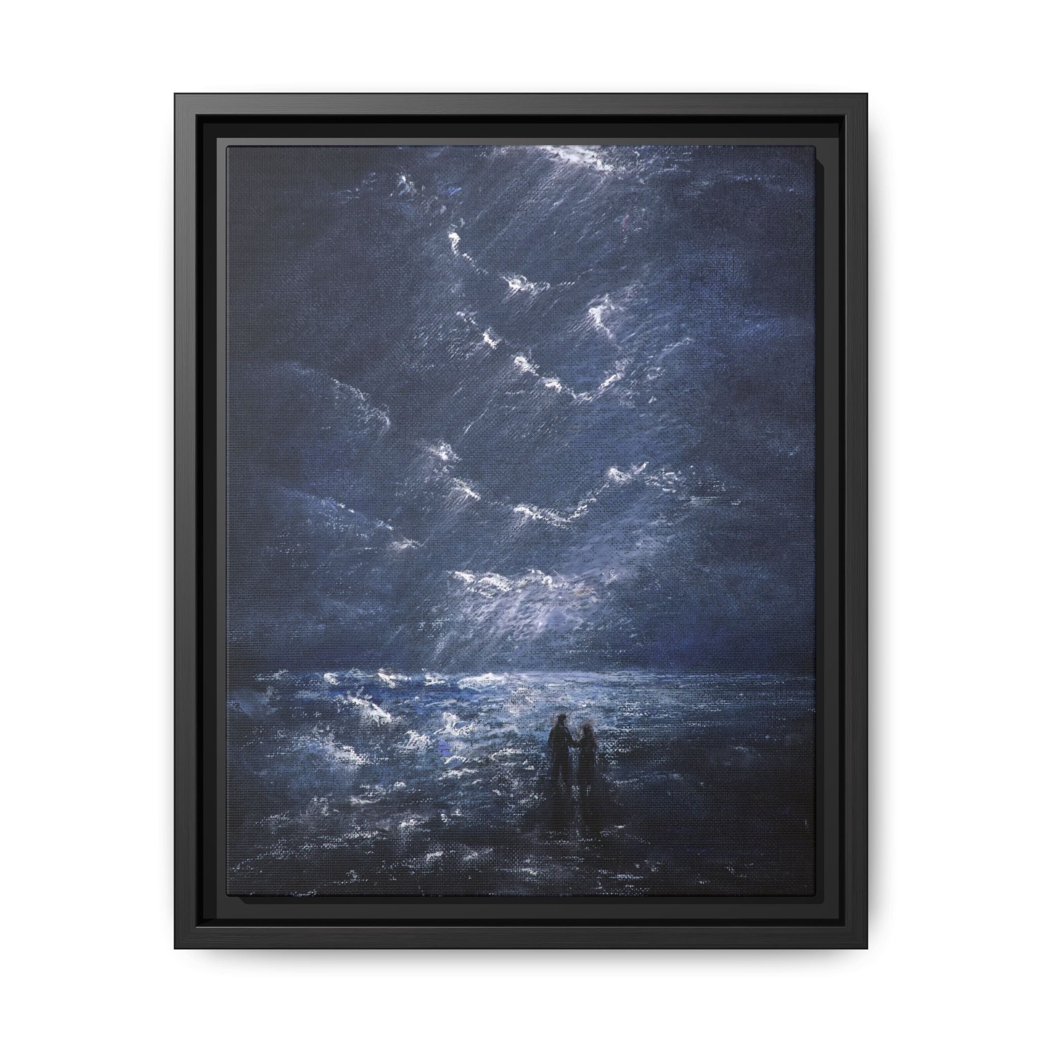 Couple on Shore at Night - Framed Canvas Art