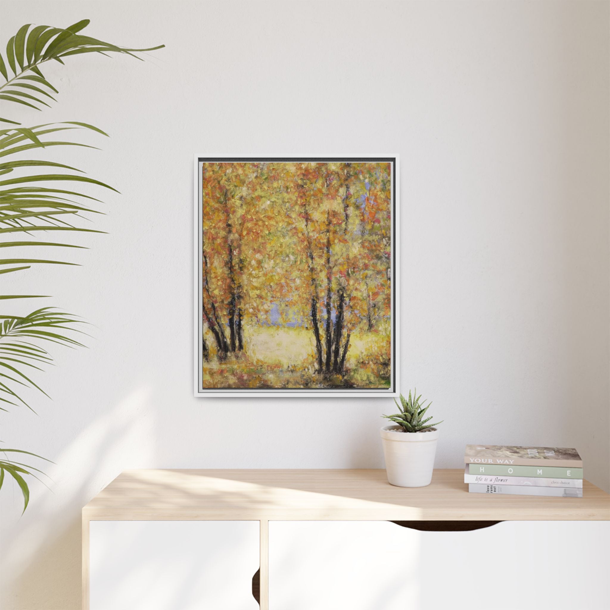 Framed Matte Canvas Autumn Forest Wall Art — Golden Trees Landscape Print