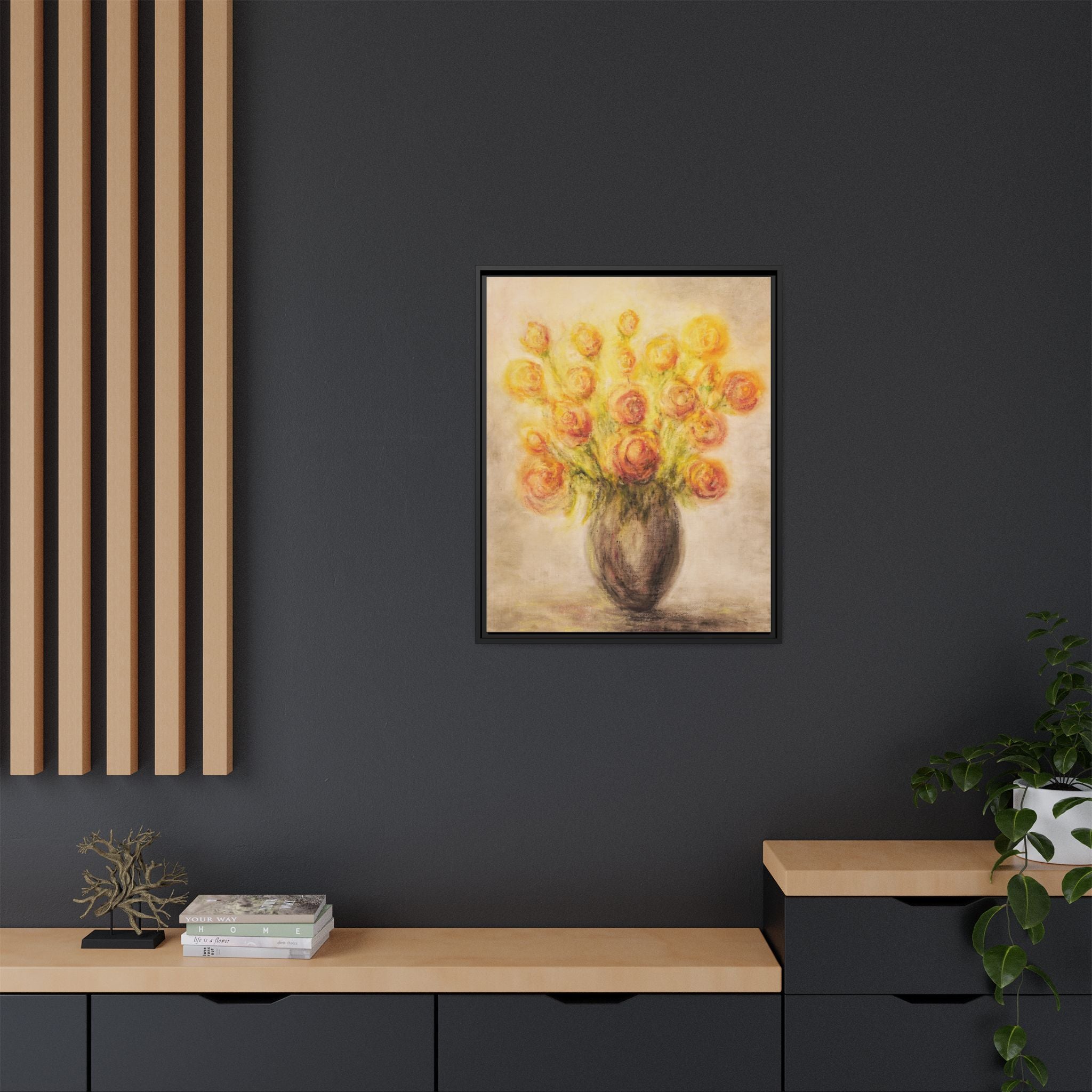 Framed Matte Canvas Floral Bouquet Wall Art — Yellow Rose Vase Print