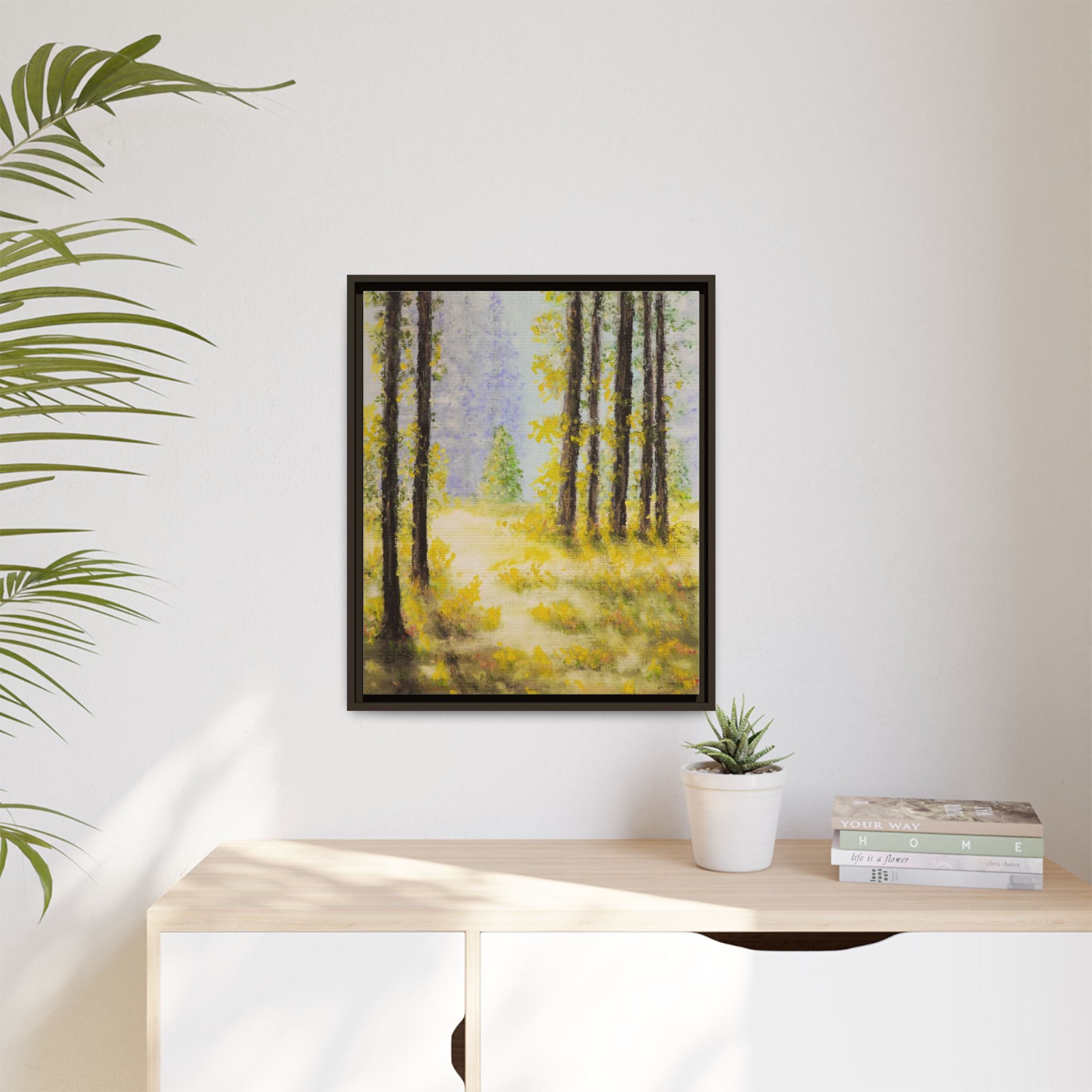 Framed Matte Canvas Print — Sunlit Forest Landscape Wall Art