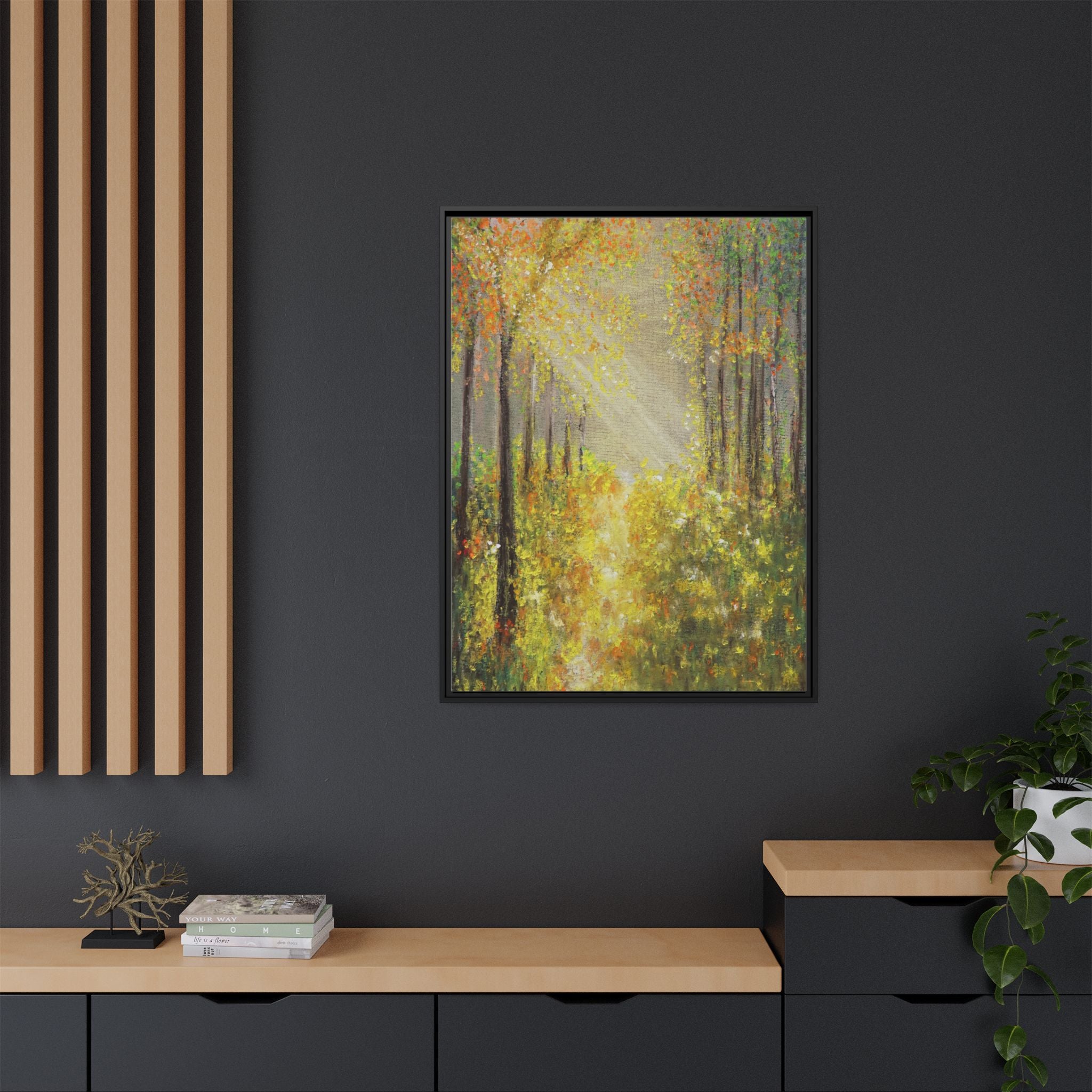 Sunlit Forest Path Framed Canvas Art — Autumn Woodland Wall Decor