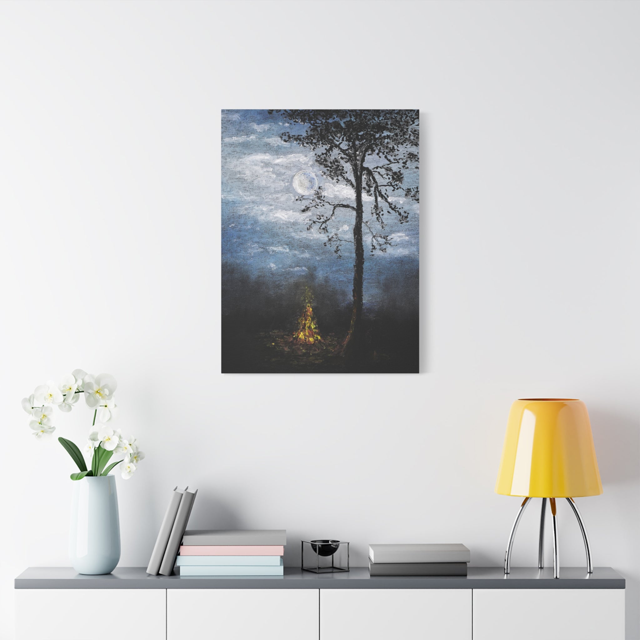 Moonlit Campfire Matte Canvas Wall Art — Night Forest Landscape
