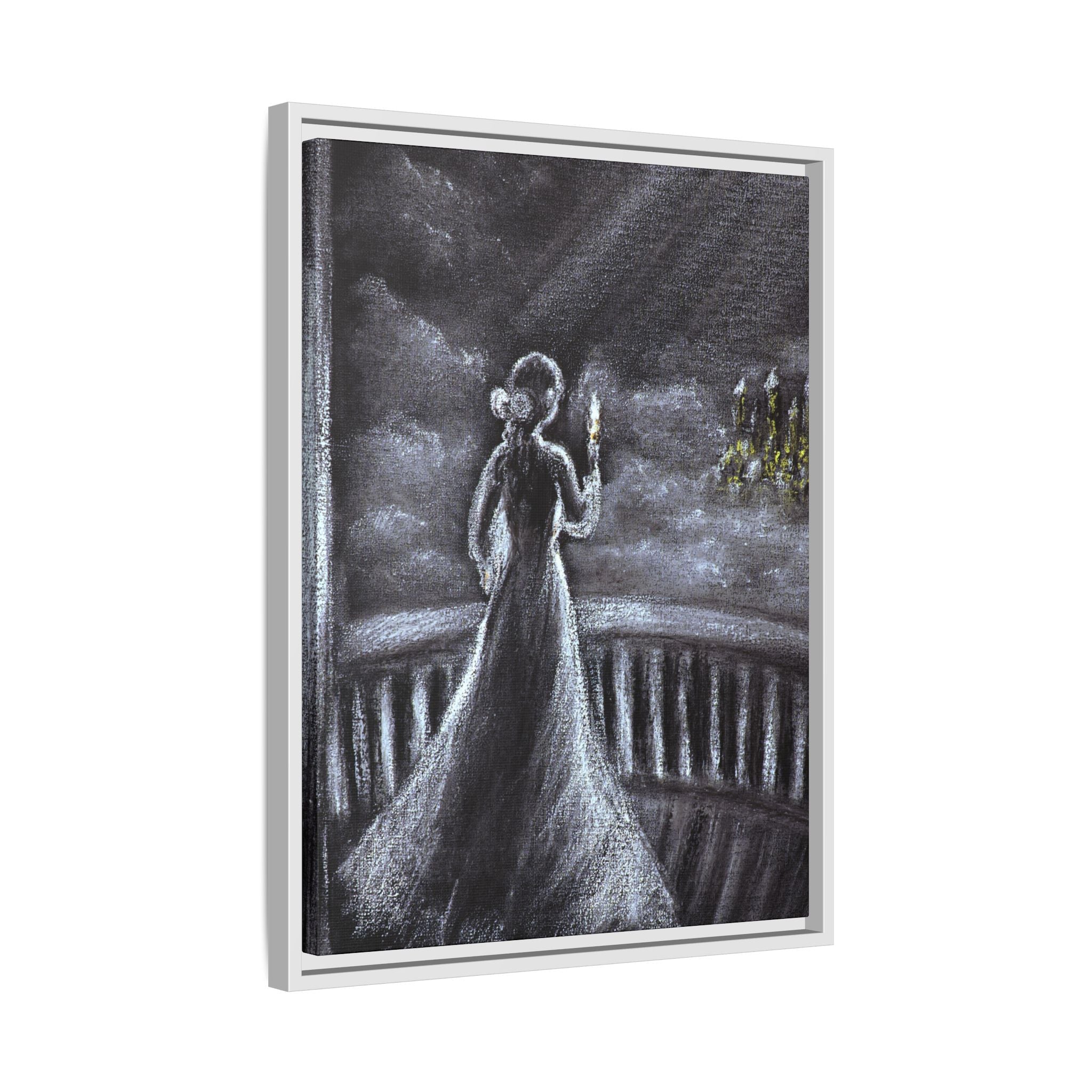 Framed Matte Canvas — Moonlit Lady on Balcony