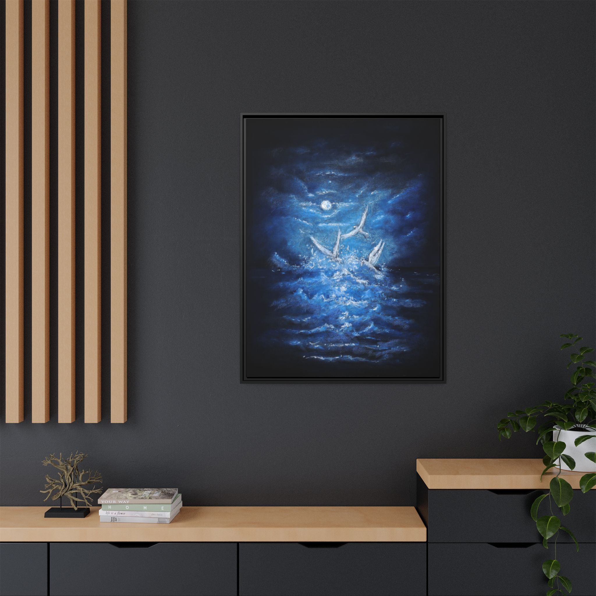 Night Ocean Birds - Matte Canvas Framed Wall Art