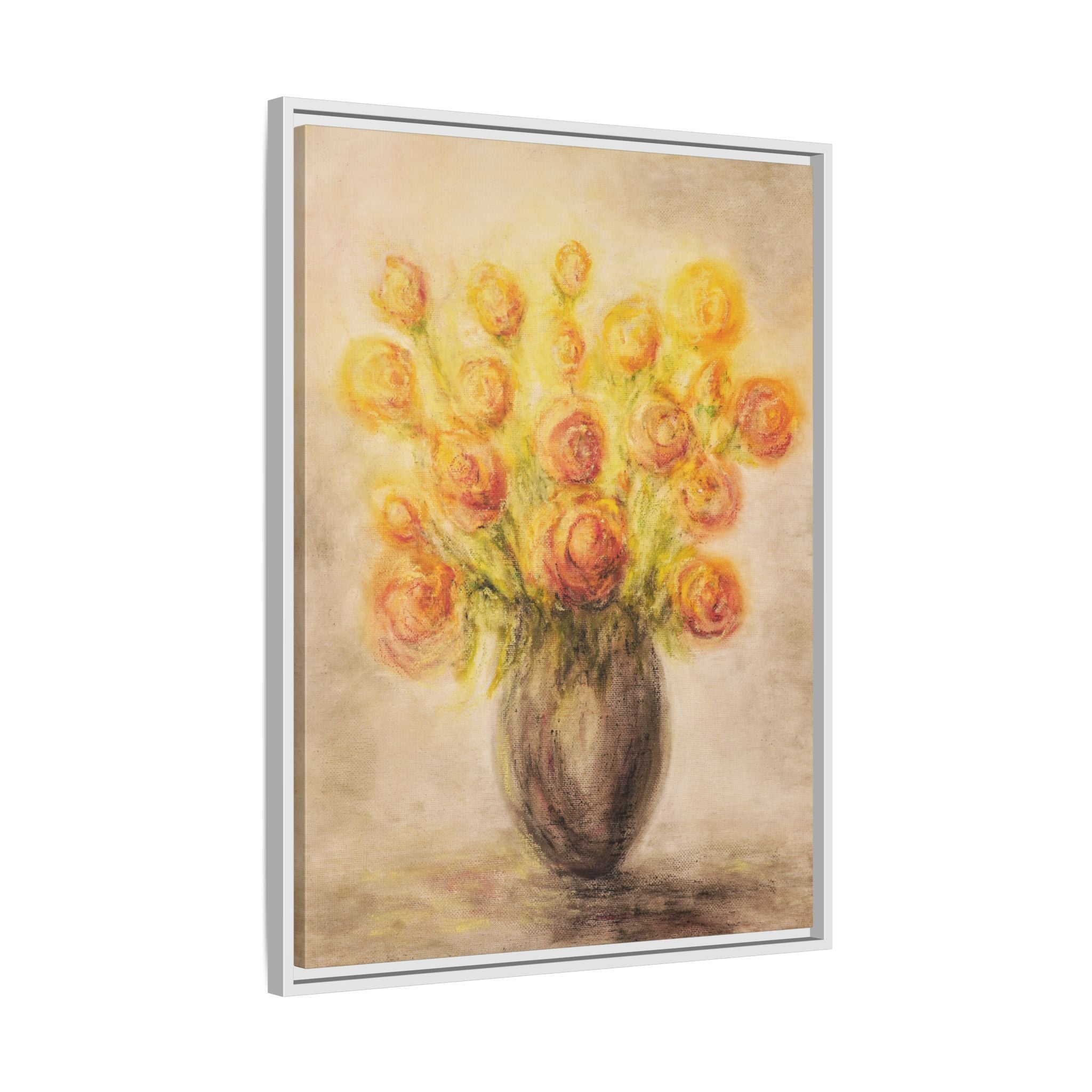 Framed Matte Canvas Floral Bouquet Wall Art — Yellow Rose Vase Print