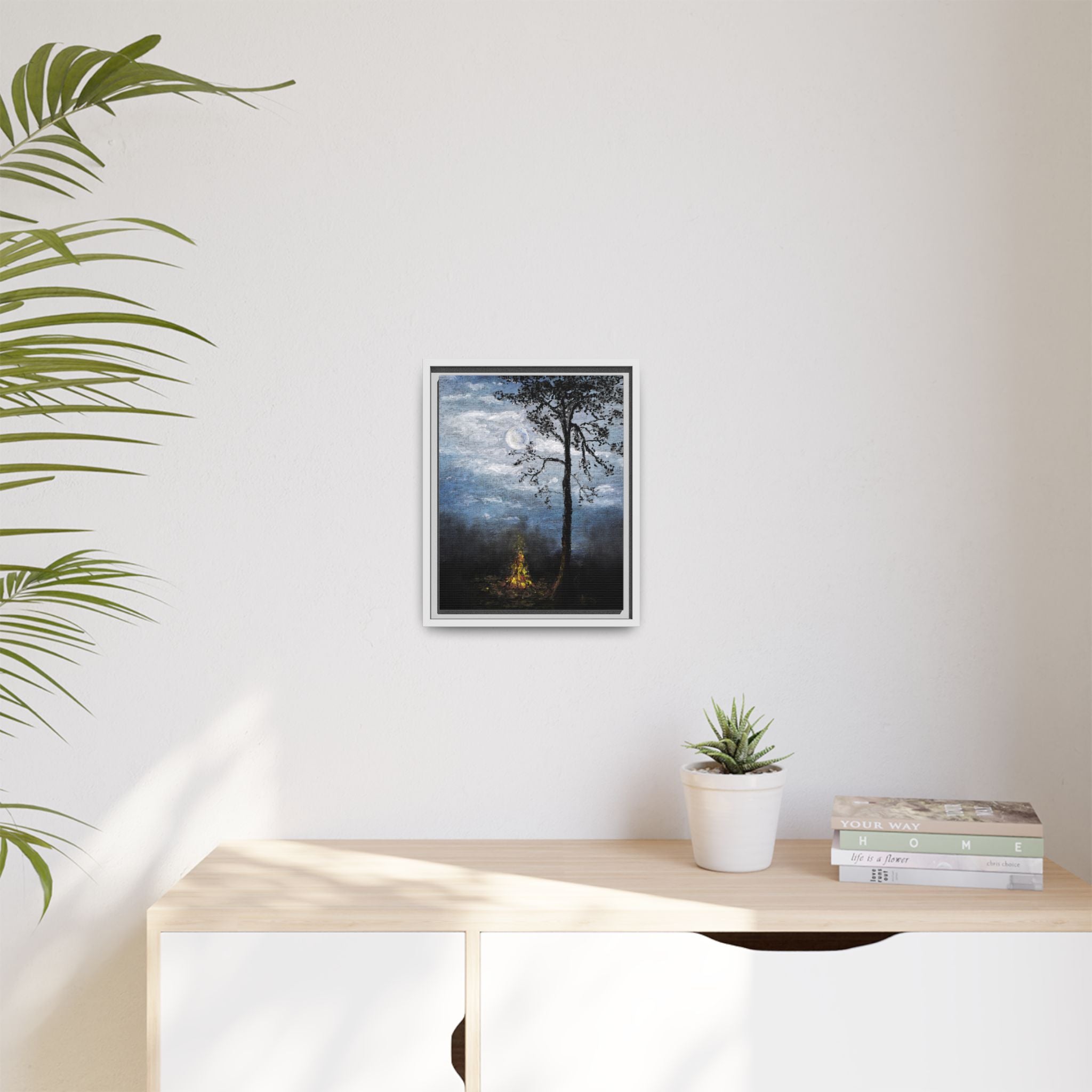Framed Matte Canvas Print — Moonlit Campfire Landscape