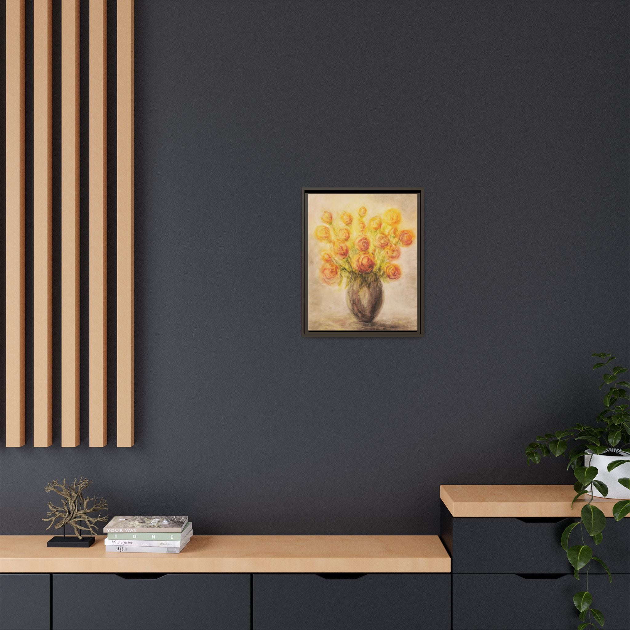 Framed Matte Canvas Floral Bouquet Wall Art — Yellow Rose Vase Print