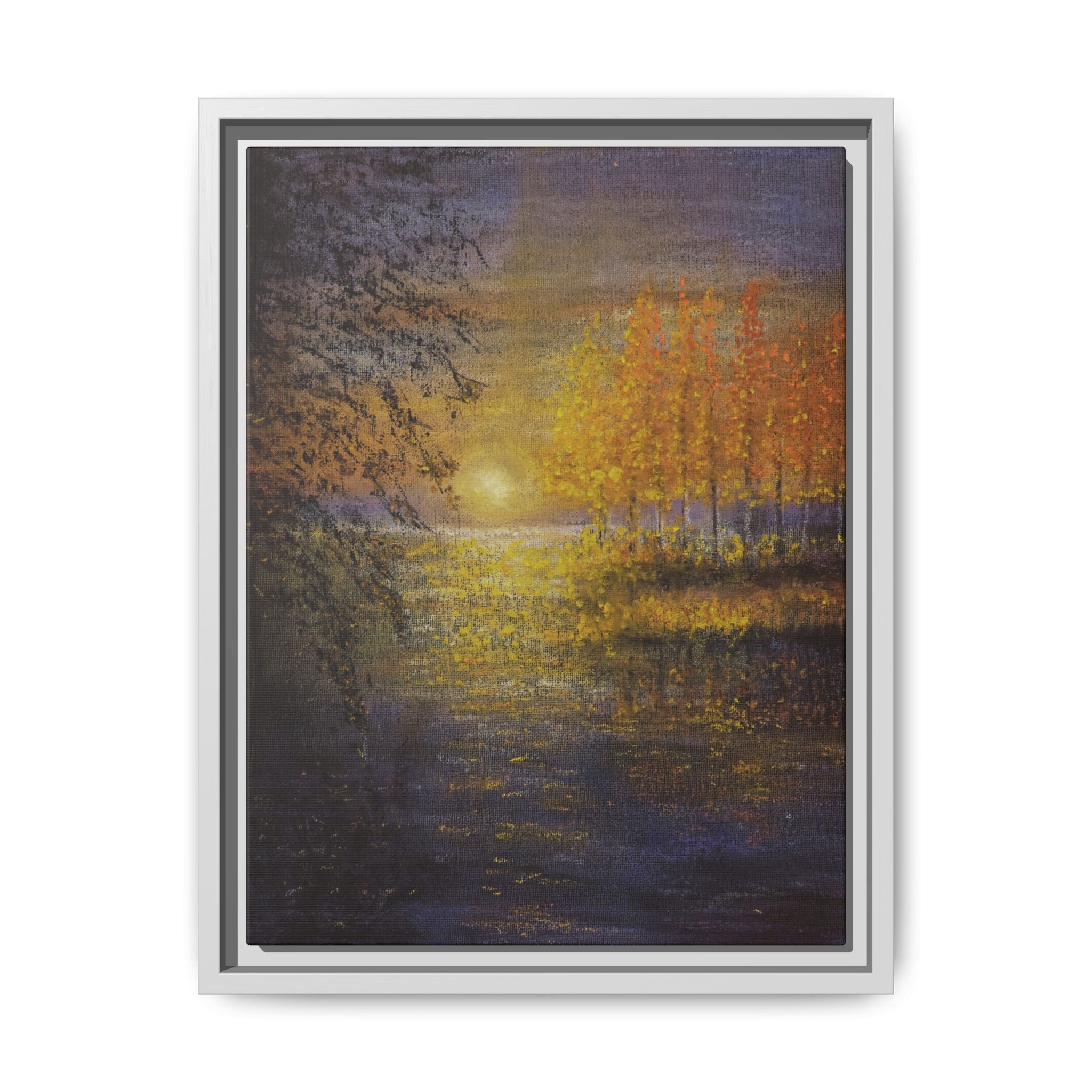 Framed Matte Canvas Painting - Golden Trees Over Tranquil Lake