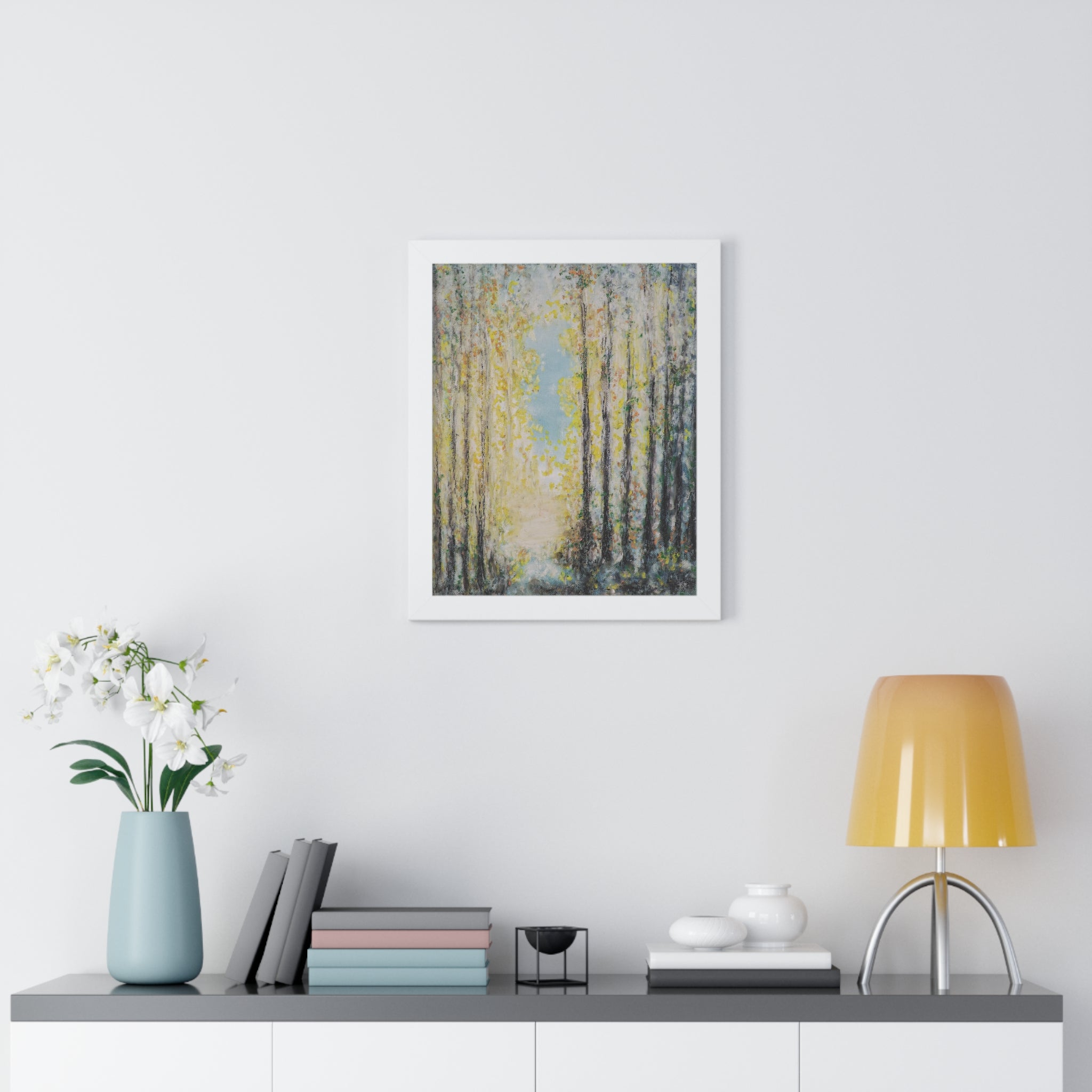 Framed Poster — Serene Sunlit Forest Vertical Art Print