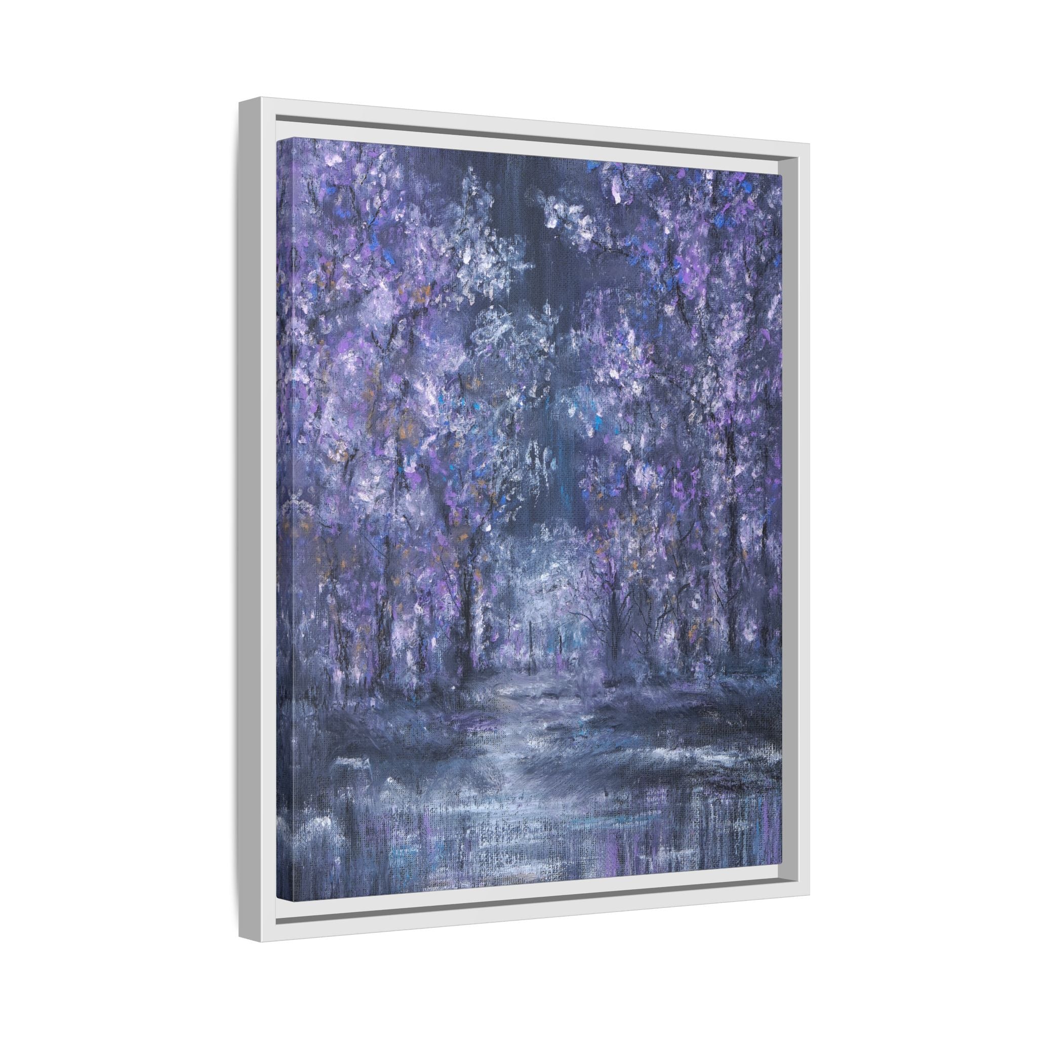 Framed Matte Canvas Art – Lavender Forest Moonlit Landscape