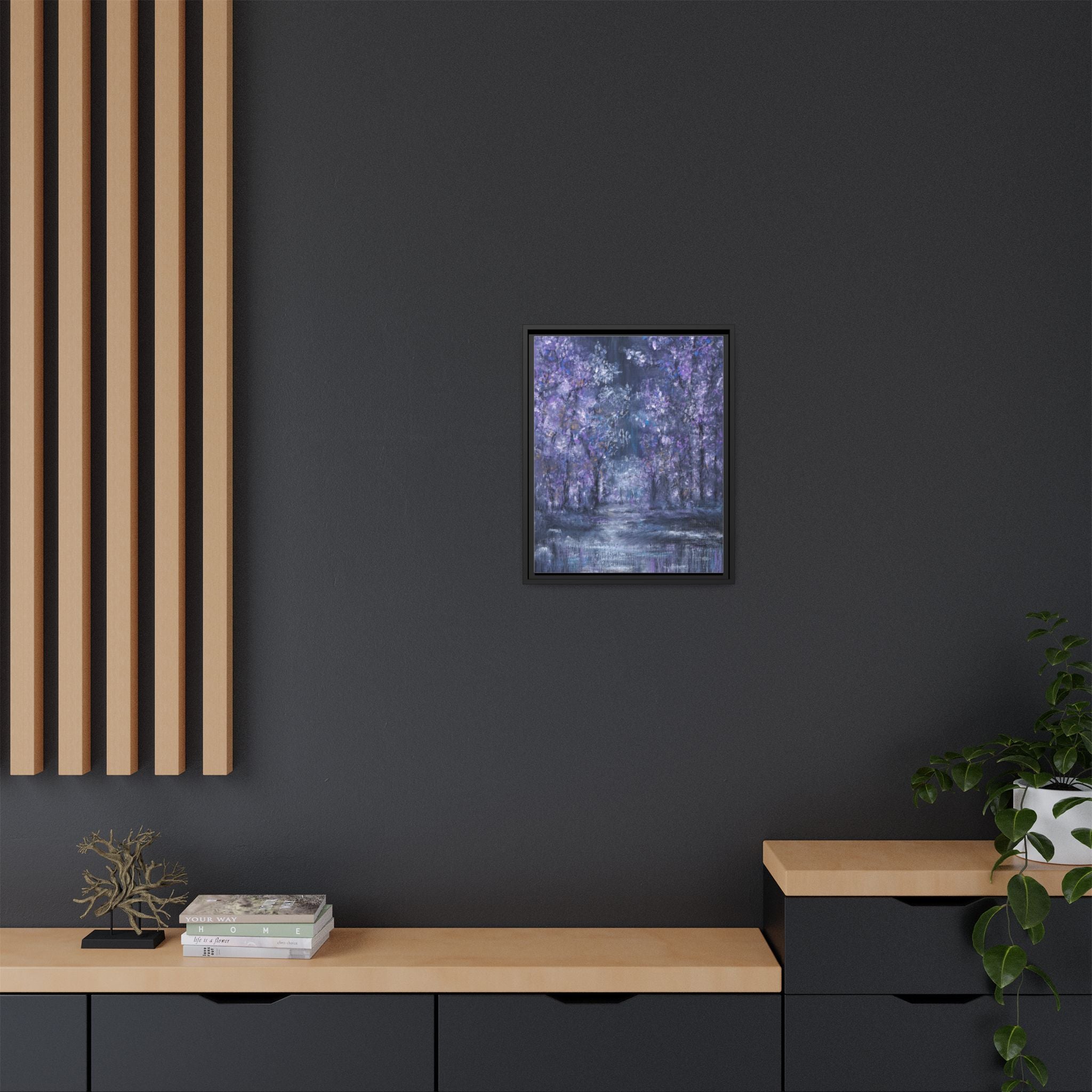 Framed Matte Canvas Art – Lavender Forest Moonlit Landscape