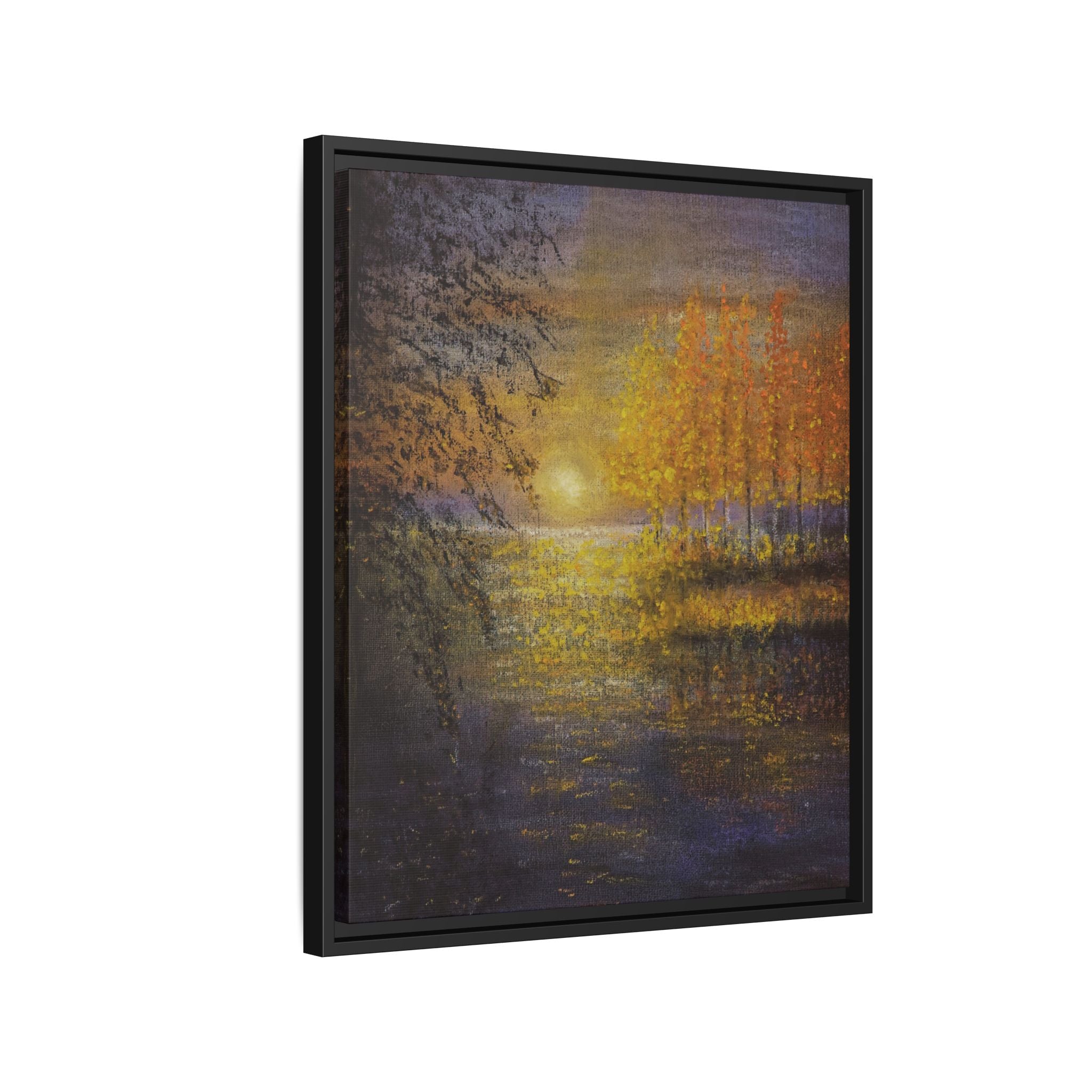 Framed Matte Canvas Painting - Golden Trees Over Tranquil Lake