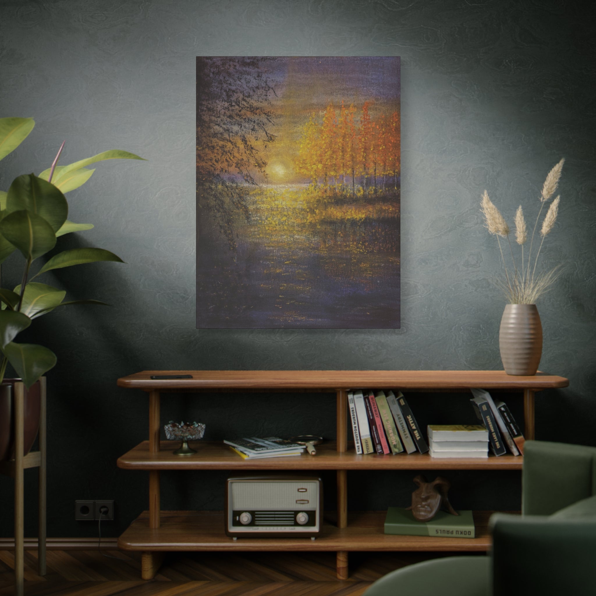 Autumn Sunset Canvas Wall Art — Golden Trees Over Tranquil Lake
