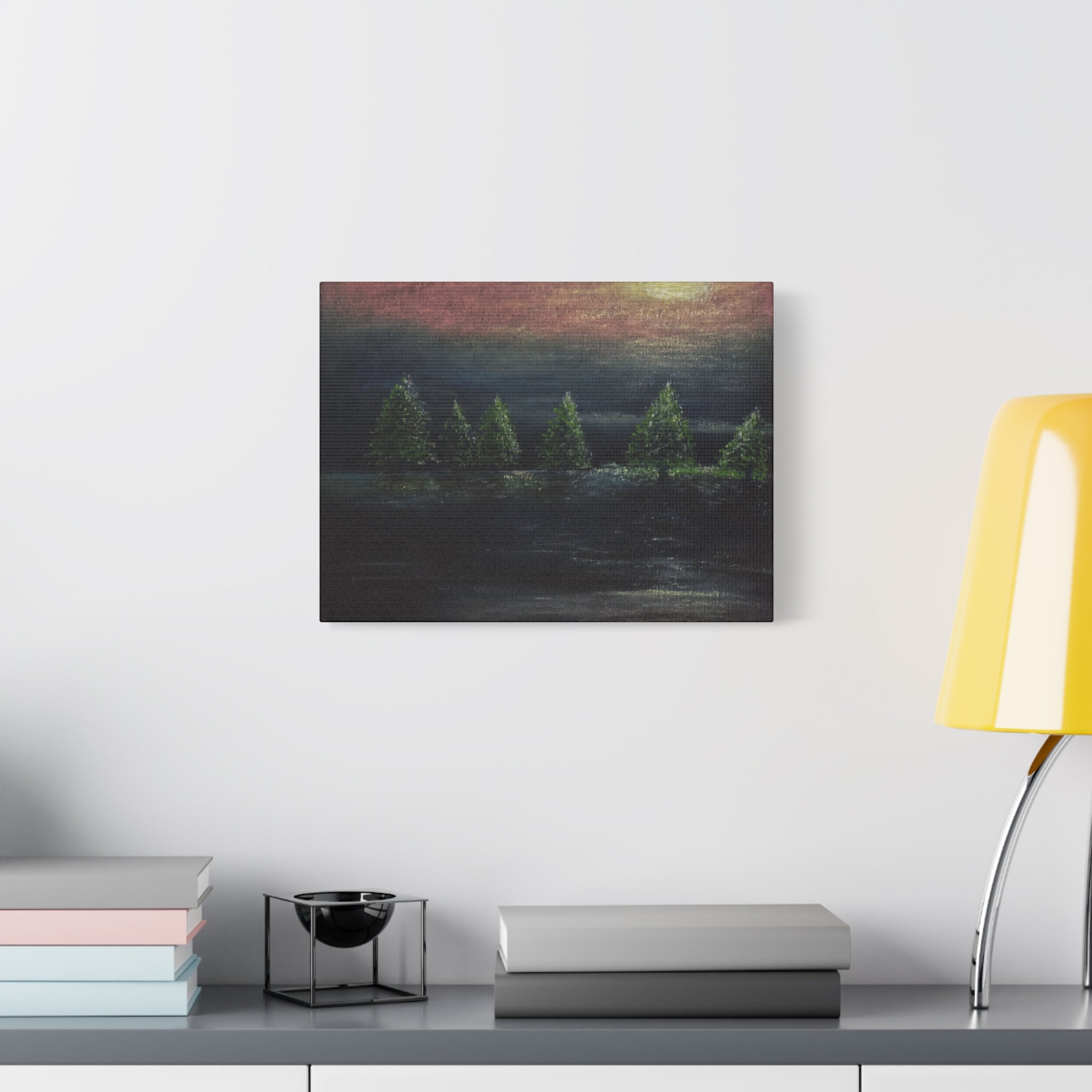 Moonlit Pine Trees Matte Canvas Wall Art — Stretched Nature Landscape Painting