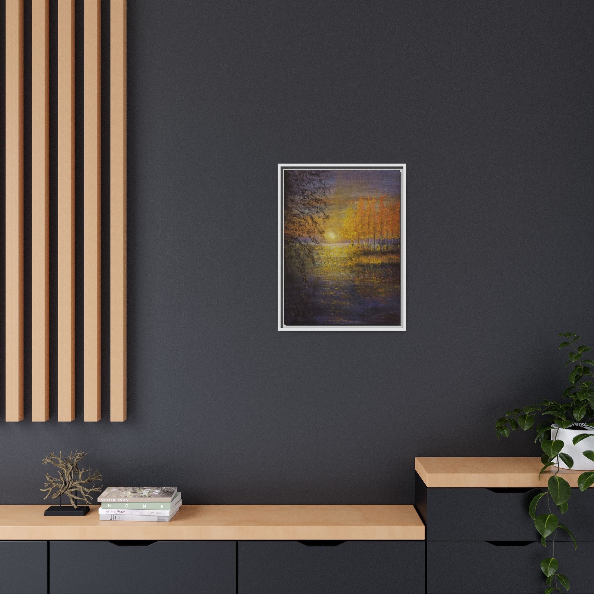 Framed Matte Canvas Painting - Golden Trees Over Tranquil Lake