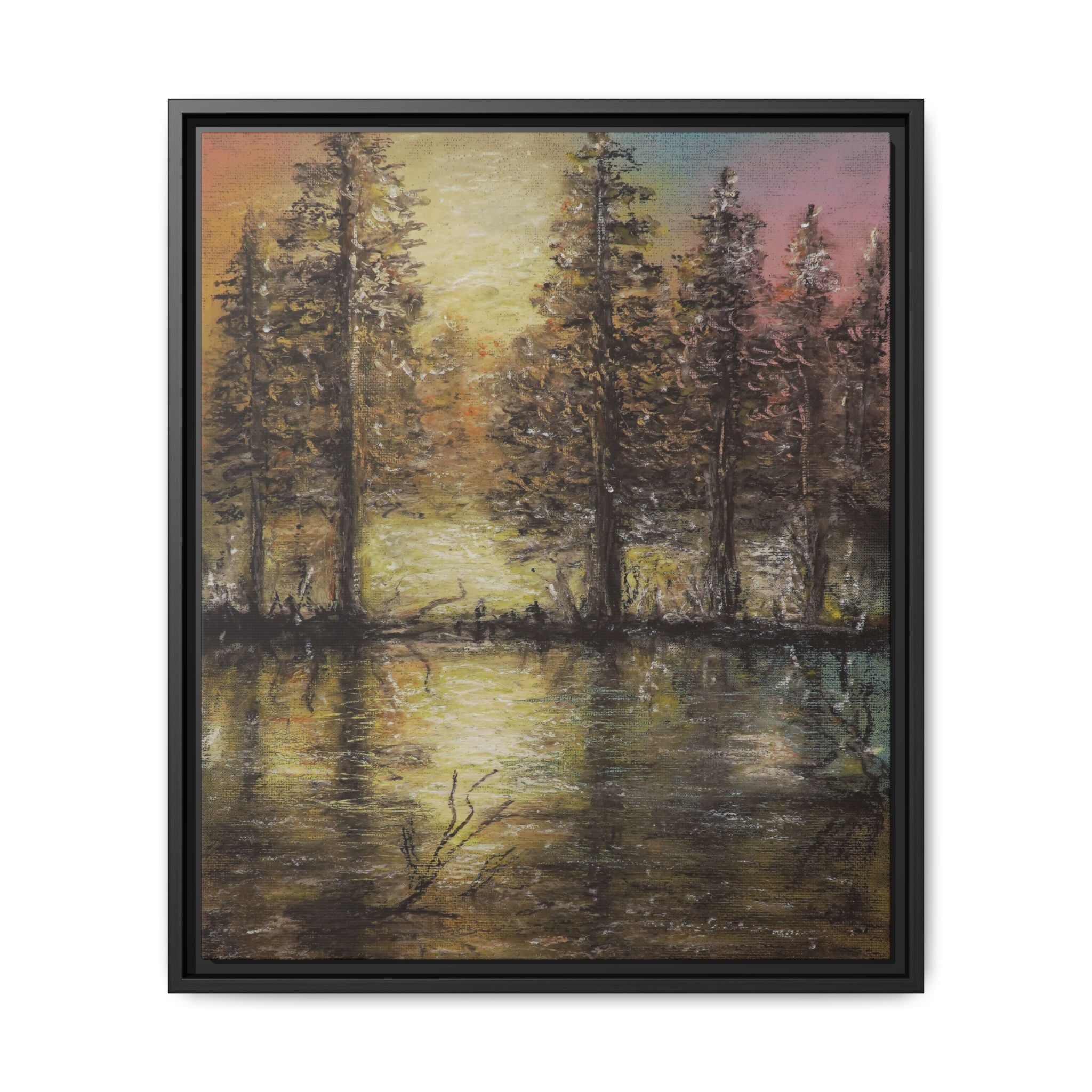 Framed Matte Canvas Wall Art — Sunset Forest Reflection