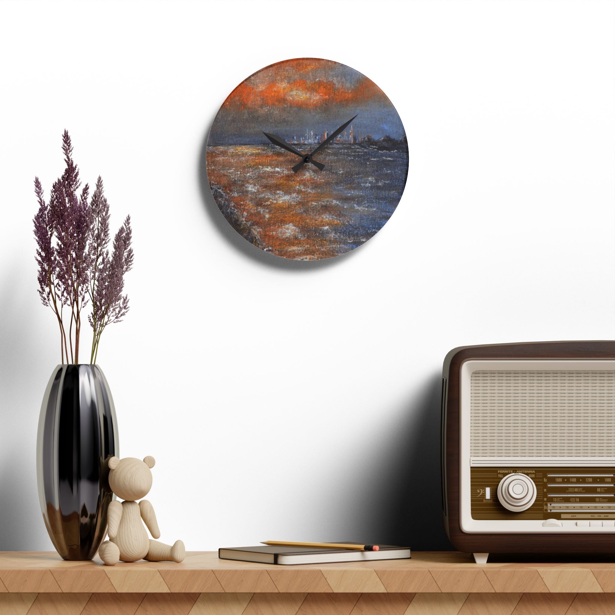 Abstract Seascape Acrylic Wall Clock — Moody Coastal Art Timepiece
