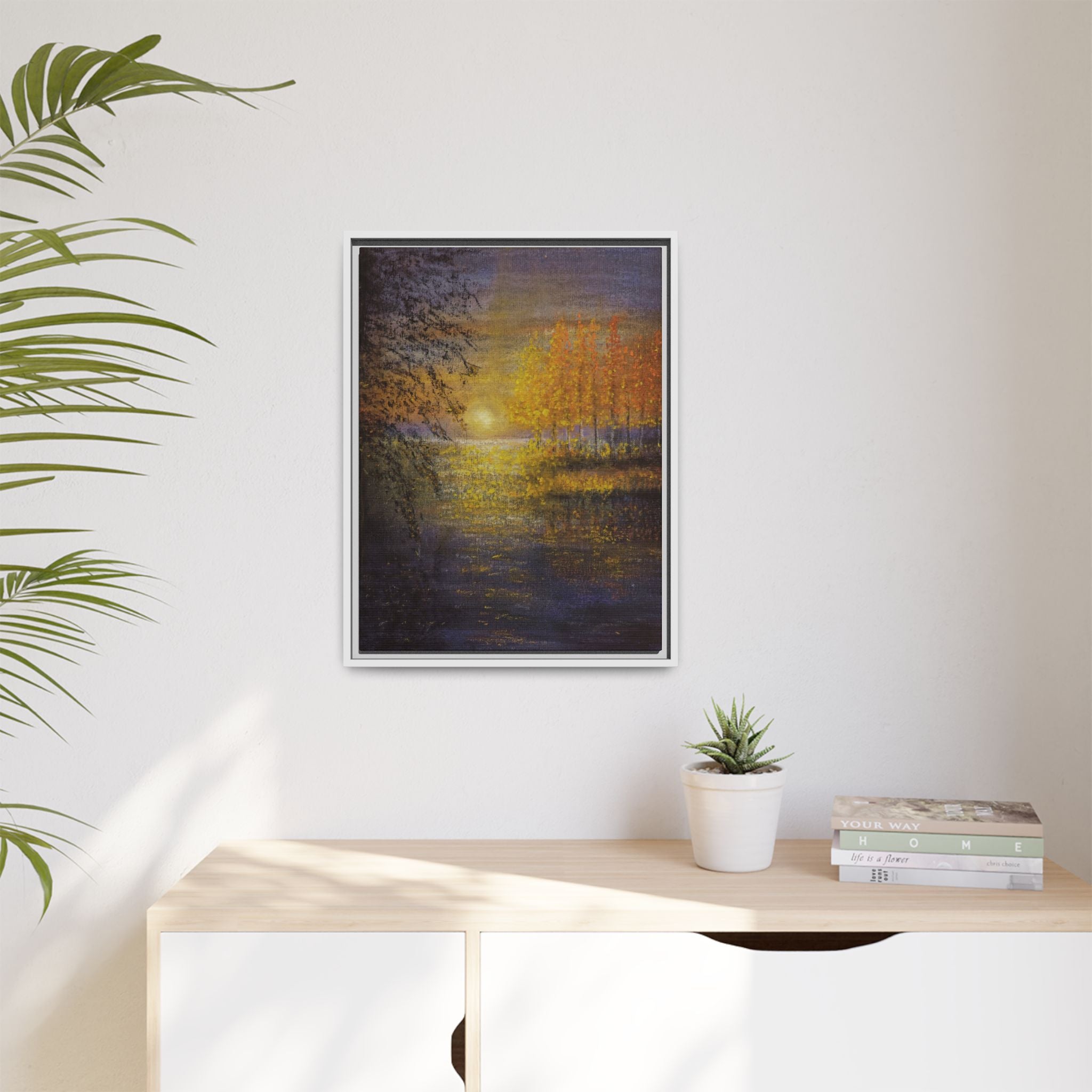 Framed Matte Canvas Painting - Golden Trees Over Tranquil Lake