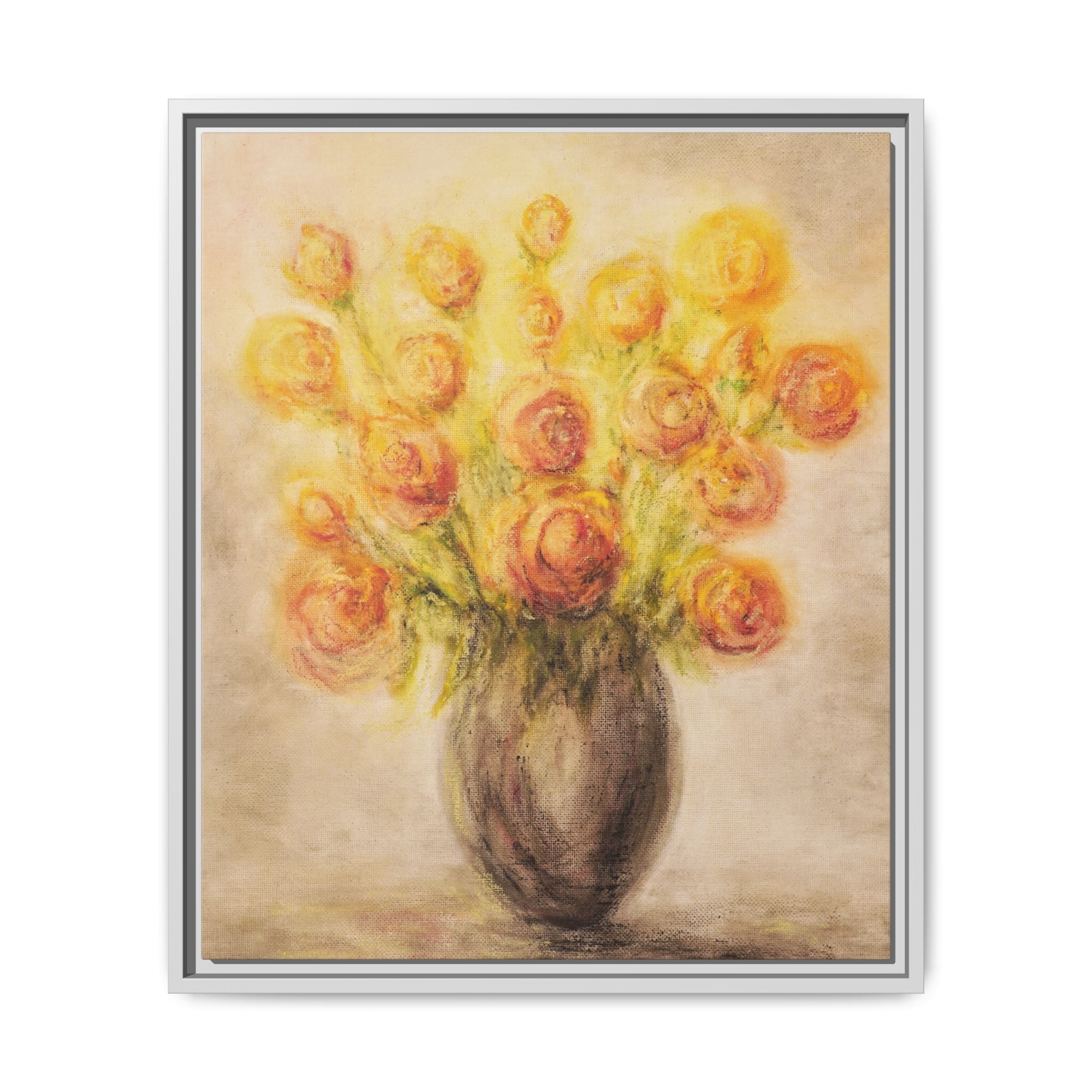 Framed Matte Canvas Floral Bouquet Wall Art — Yellow Rose Vase Print