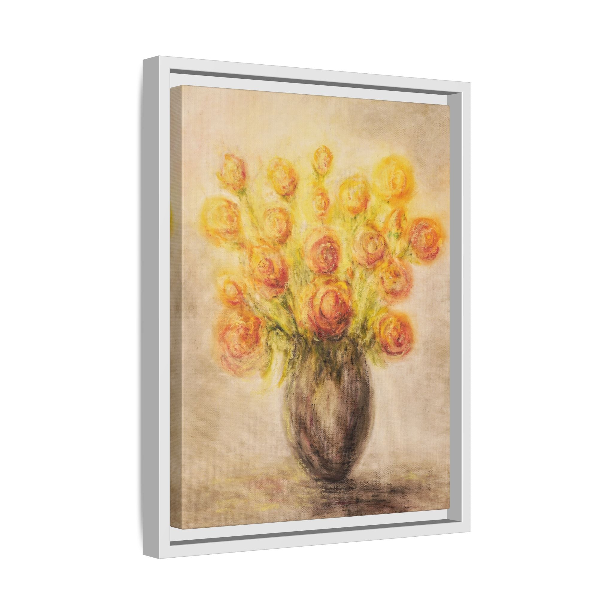 Framed Matte Canvas Floral Bouquet Wall Art — Yellow Rose Vase Print