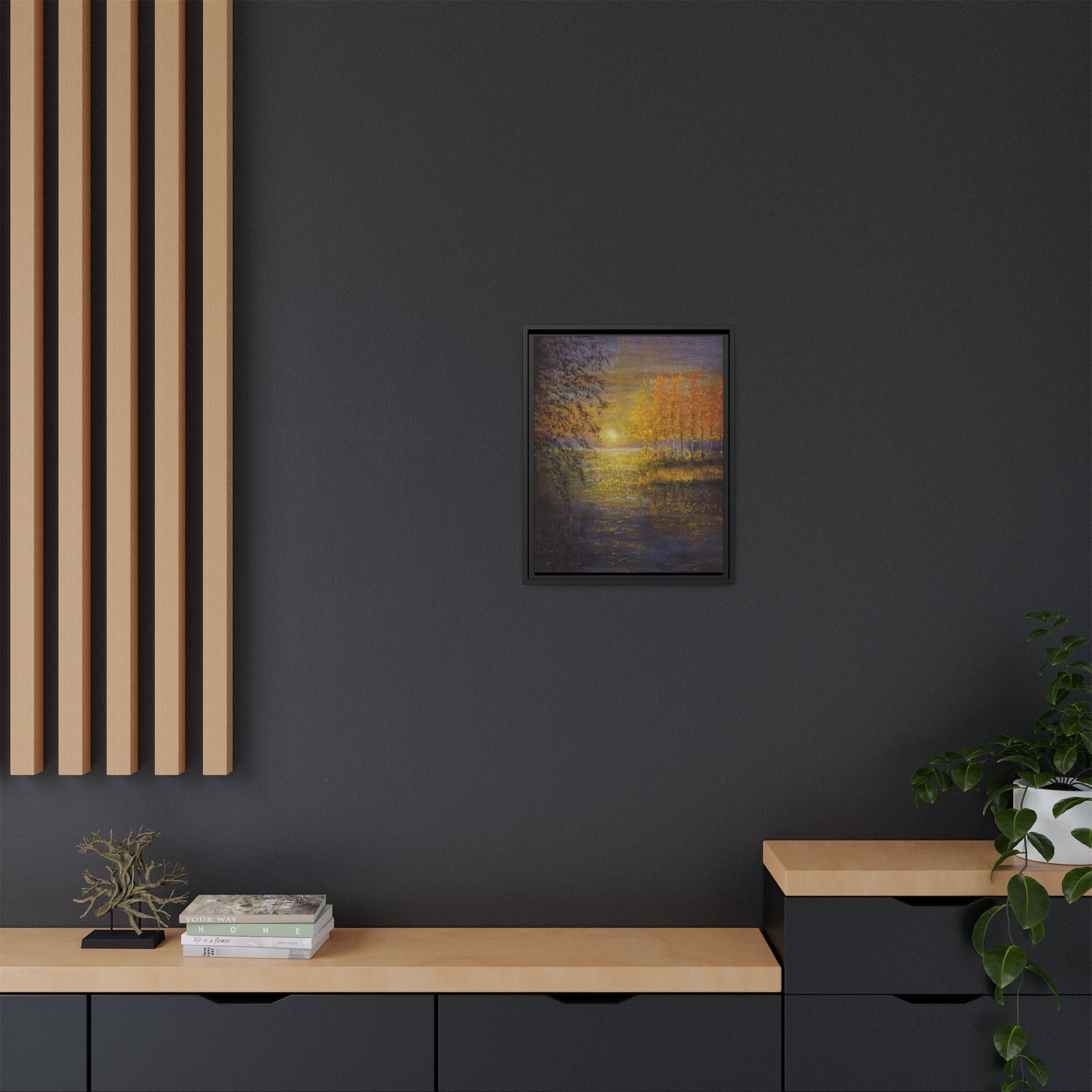 Framed Matte Canvas Painting - Golden Trees Over Tranquil Lake