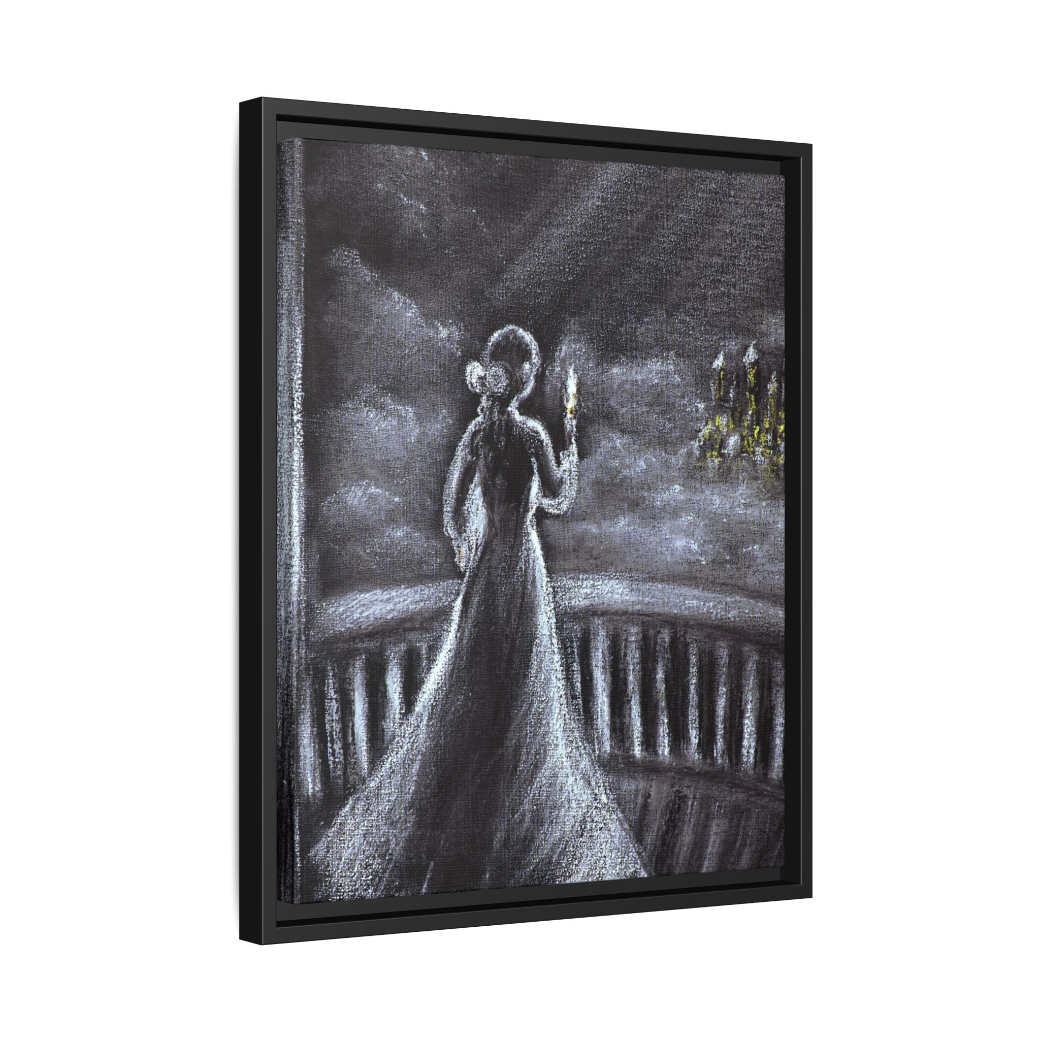 Framed Matte Canvas — Moonlit Lady on Balcony