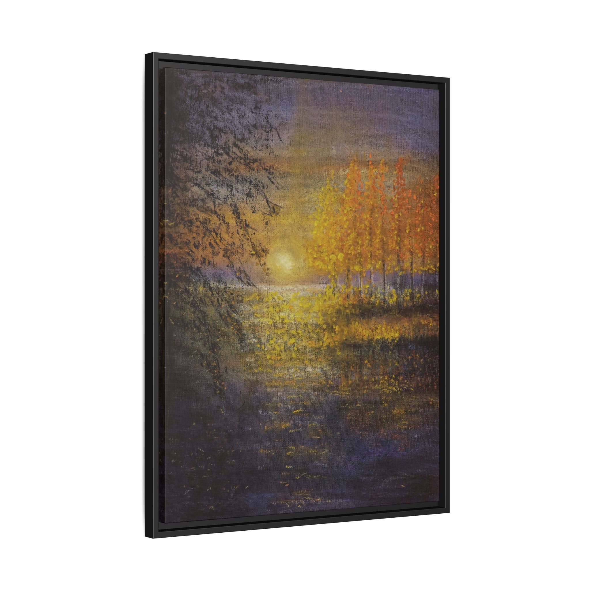 Framed Matte Canvas Painting - Golden Trees Over Tranquil Lake