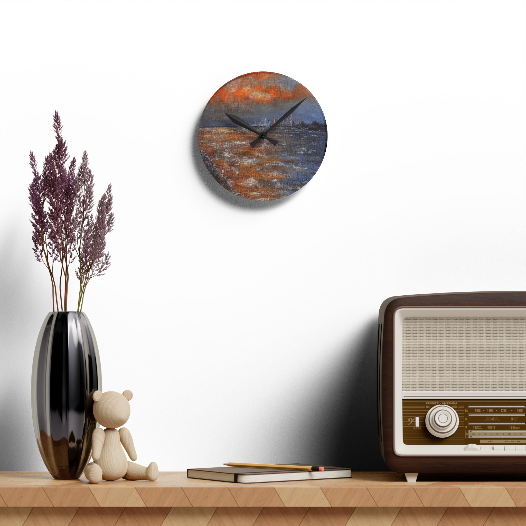 Abstract Seascape Acrylic Wall Clock — Moody Coastal Art Timepiece