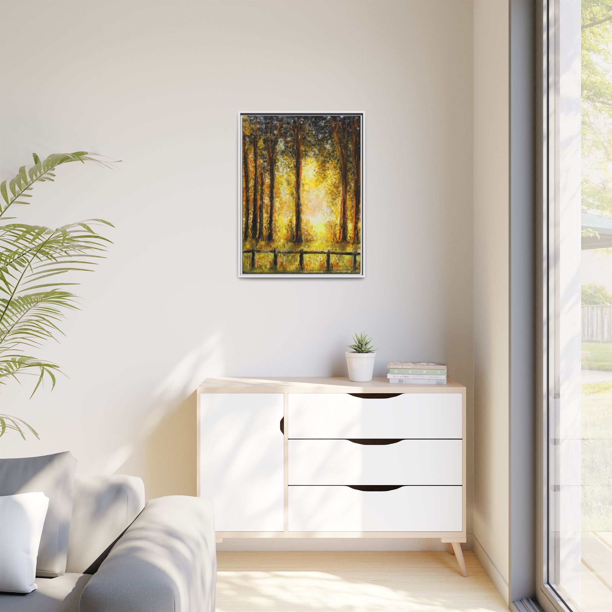 Framed Matte Canvas Art – Golden Forest Sunrise Landscape