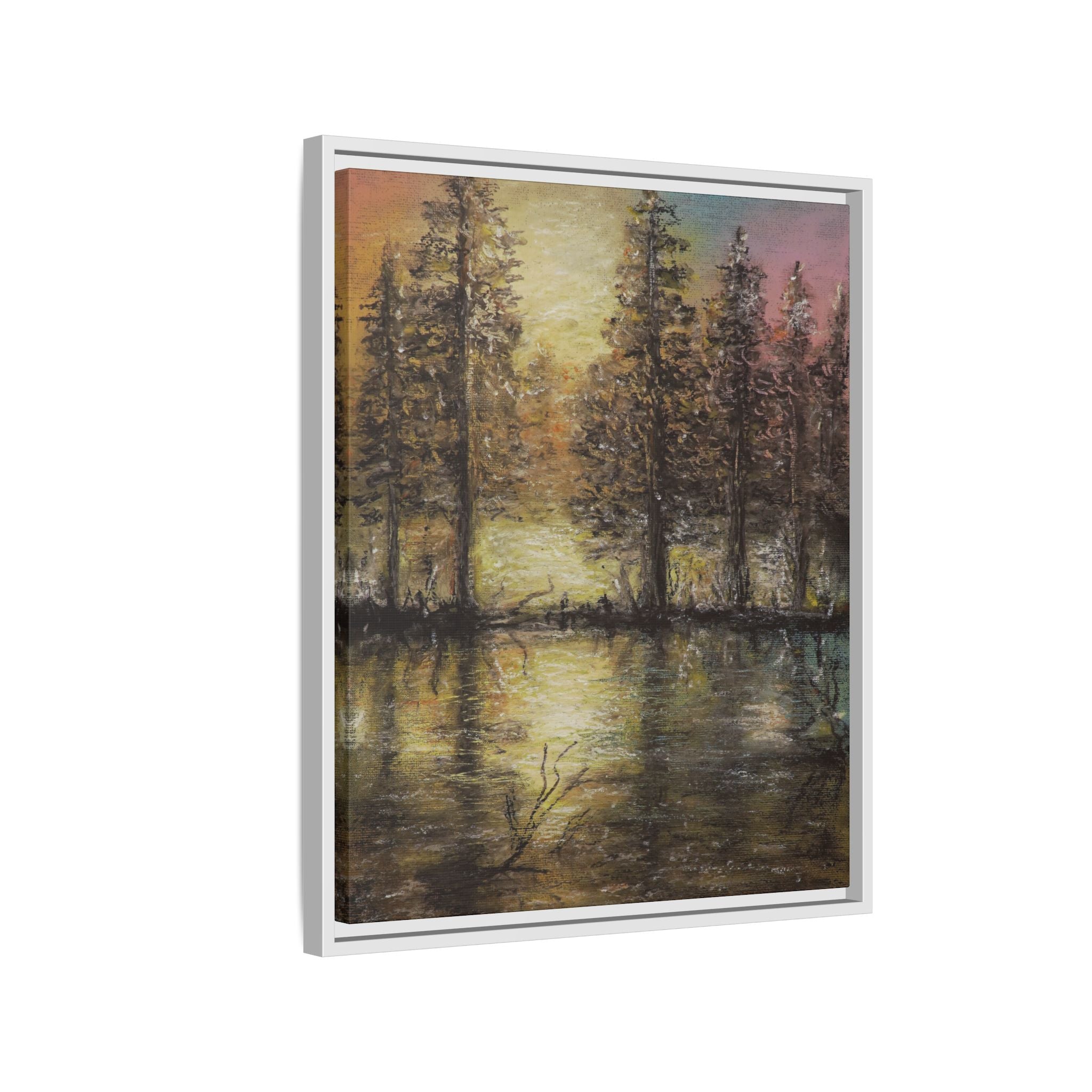 Framed Matte Canvas Wall Art — Sunset Forest Reflection
