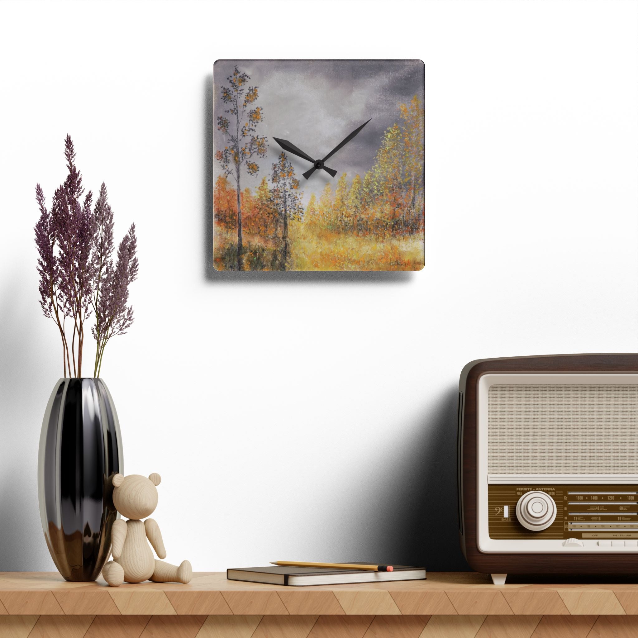 Autumn Meadow Acrylic Wall Clock – Moody Fall Landscape Home Decor