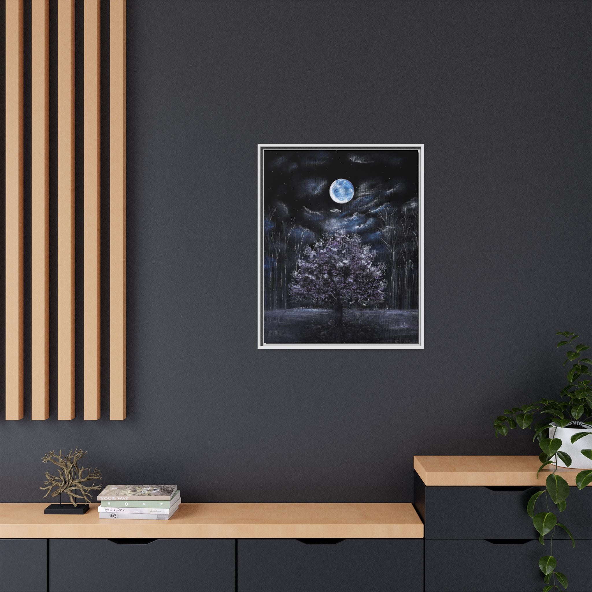Framed Matte Canvas Art — Moonlit Tree Nightscape