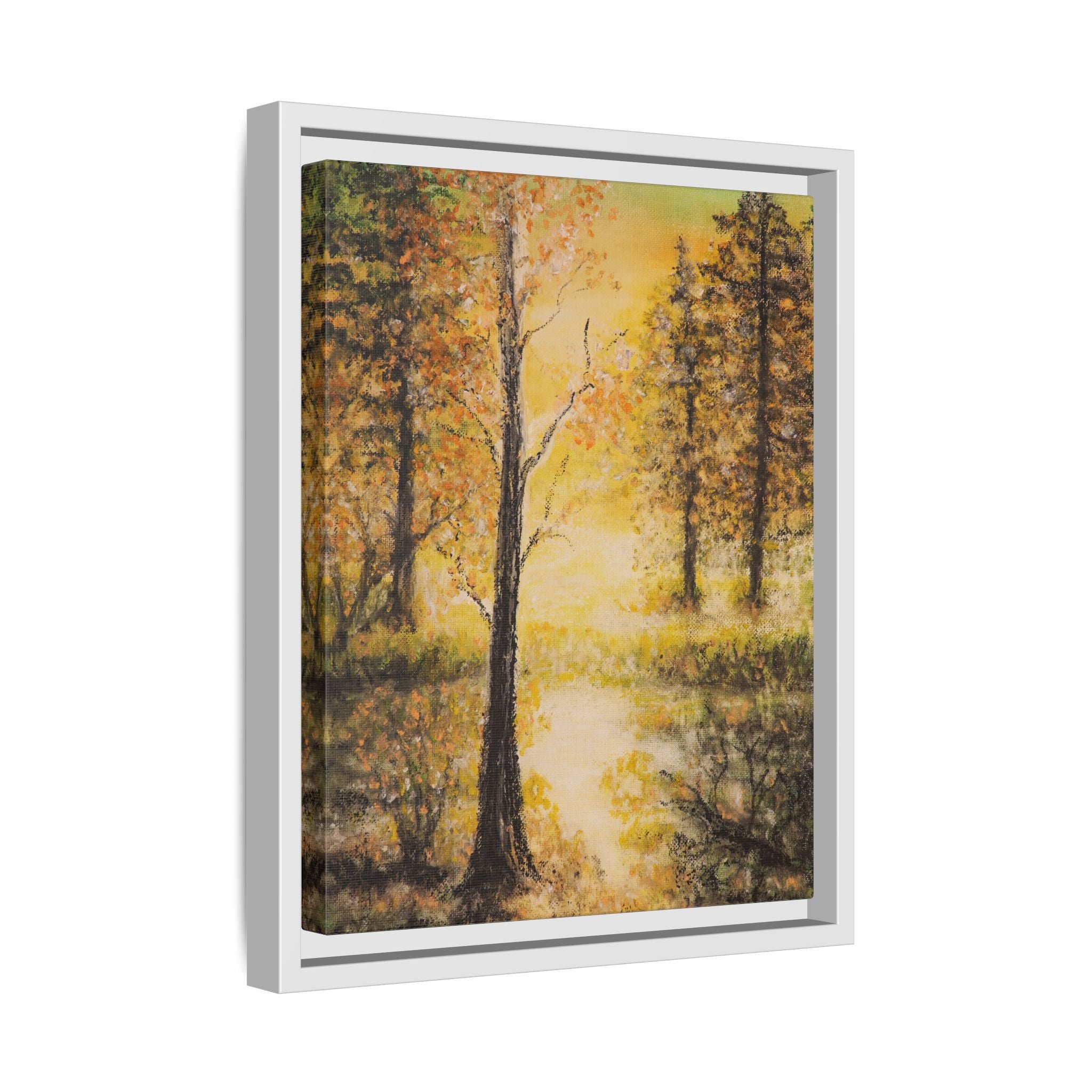 Framed Autumn Forest Canvas Print — Golden Lakeside Wall Art