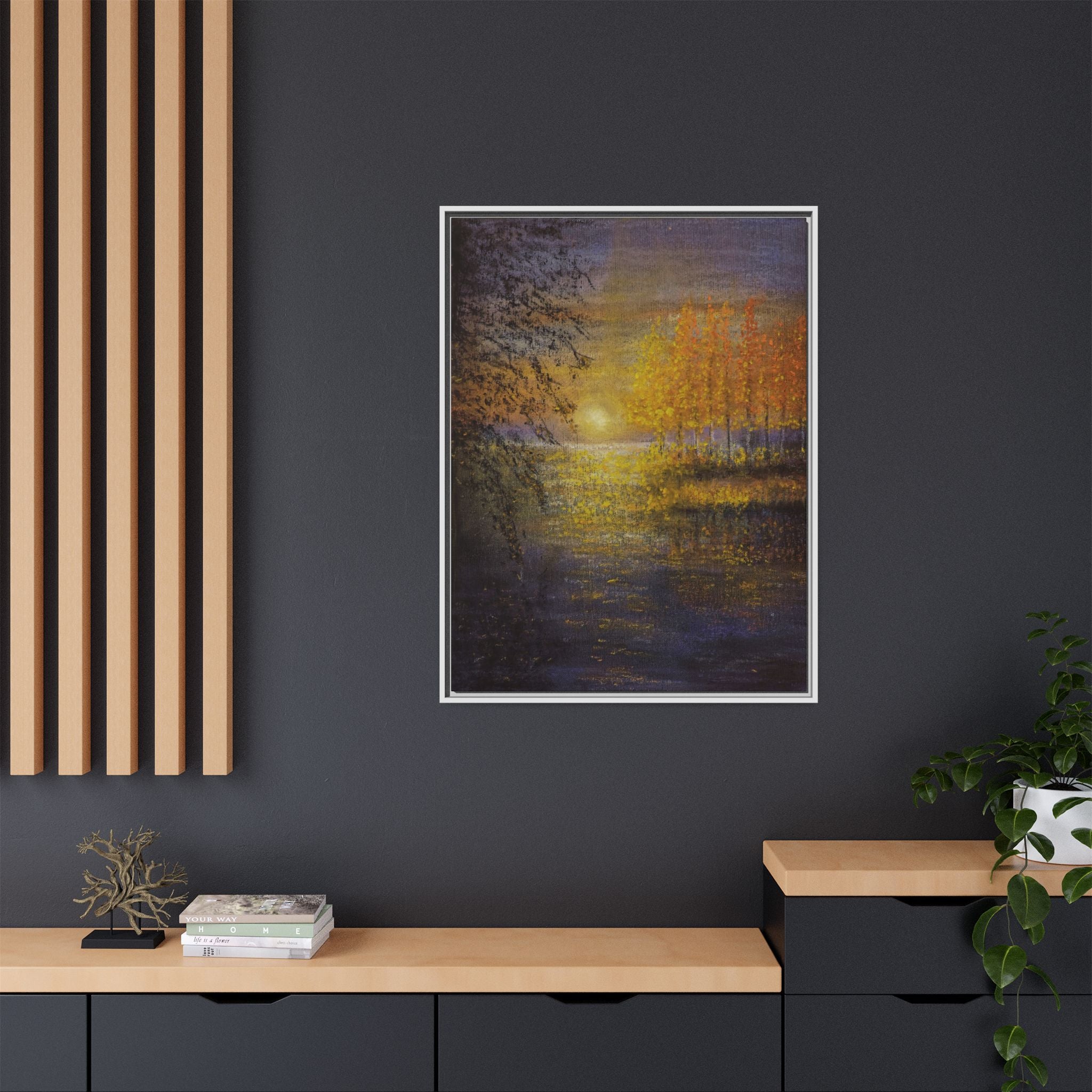 Framed Matte Canvas Painting - Golden Trees Over Tranquil Lake