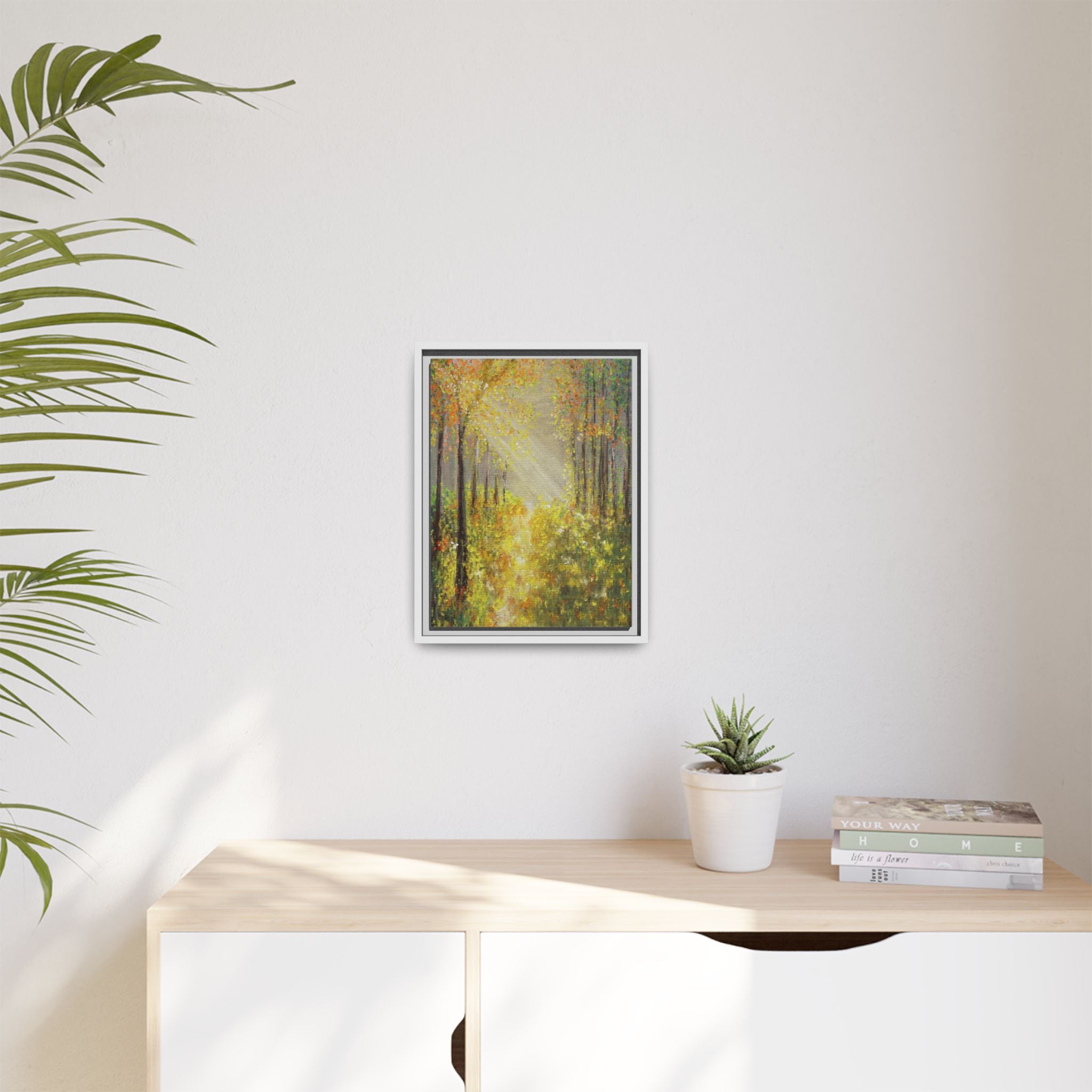 Sunlit Forest Path Framed Canvas Art — Autumn Woodland Wall Decor